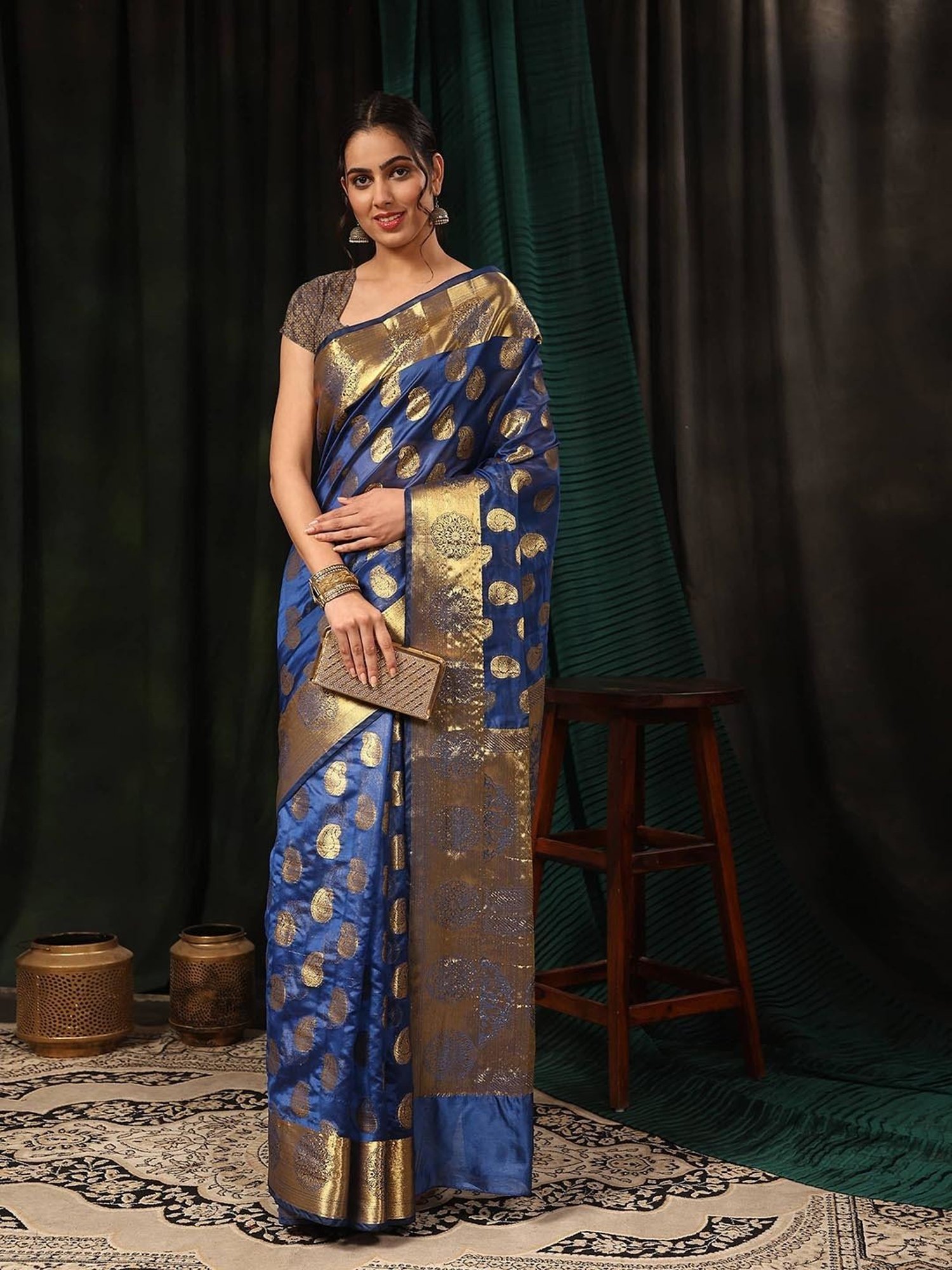 Silk Land Banarasi Silk Blue Woven Saree With Blouse