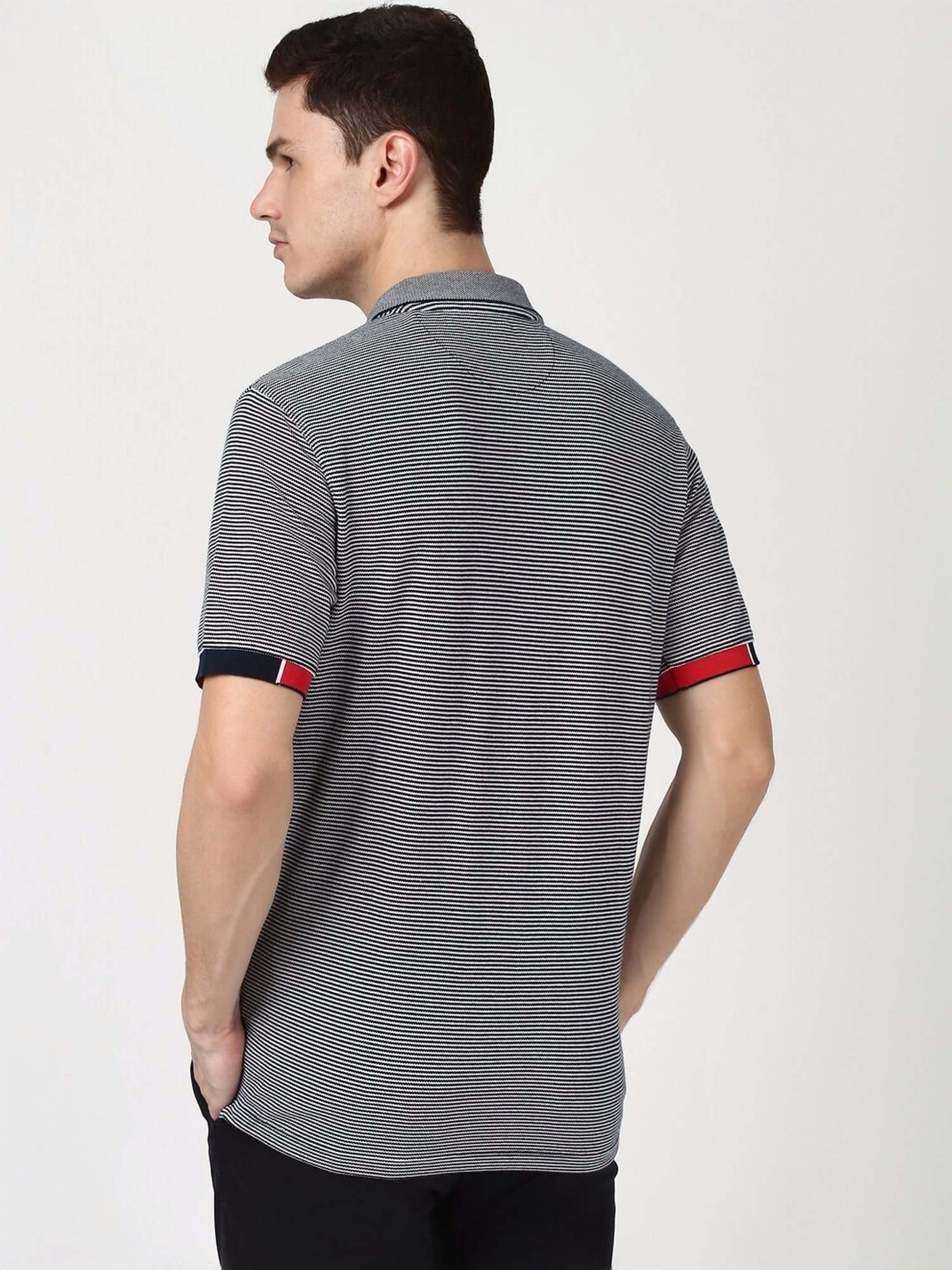 Peter England White Cotton Regular Fit Striped T-Shirt