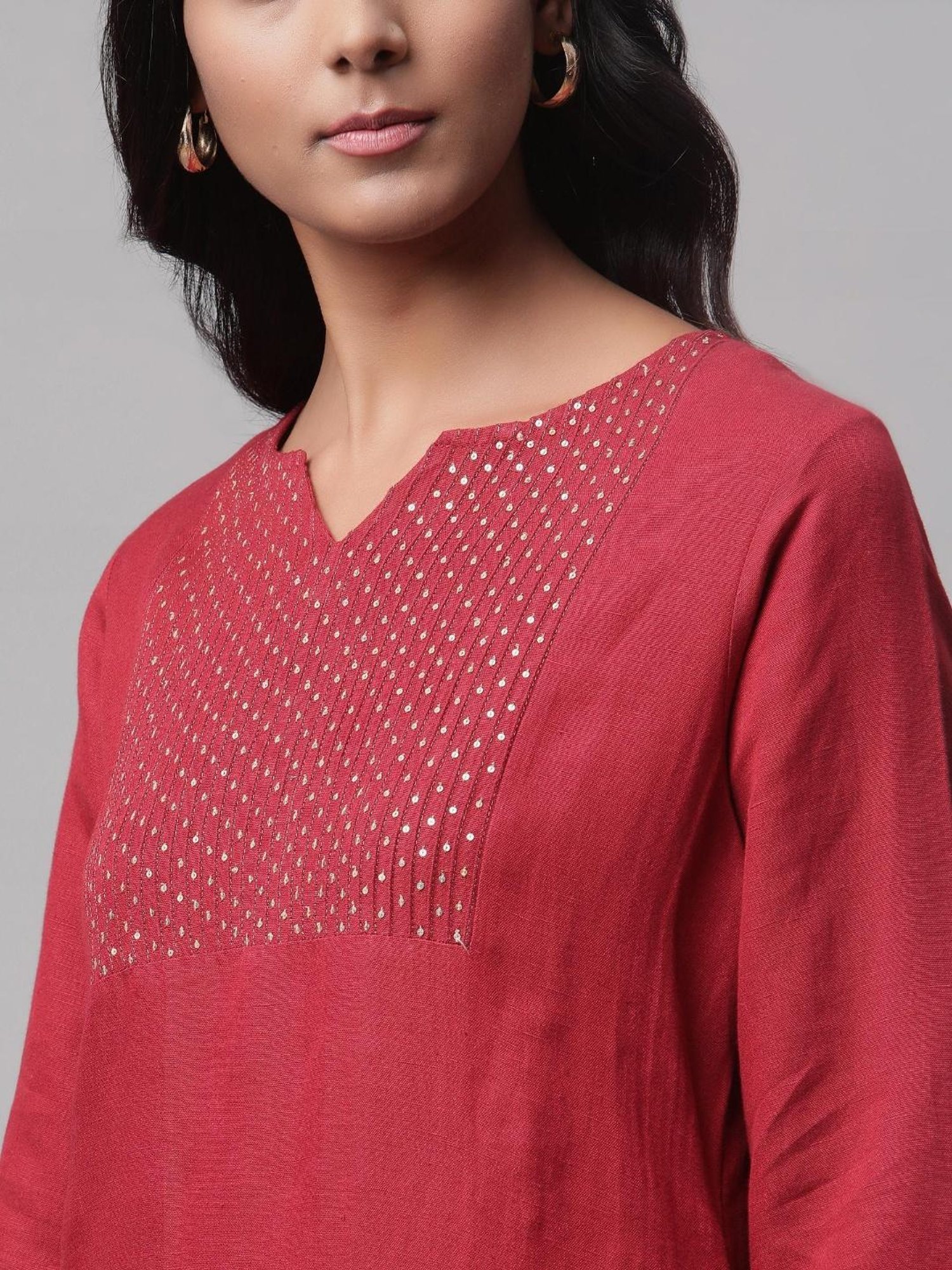 Linen Club Women Maroon Embellished Kurta