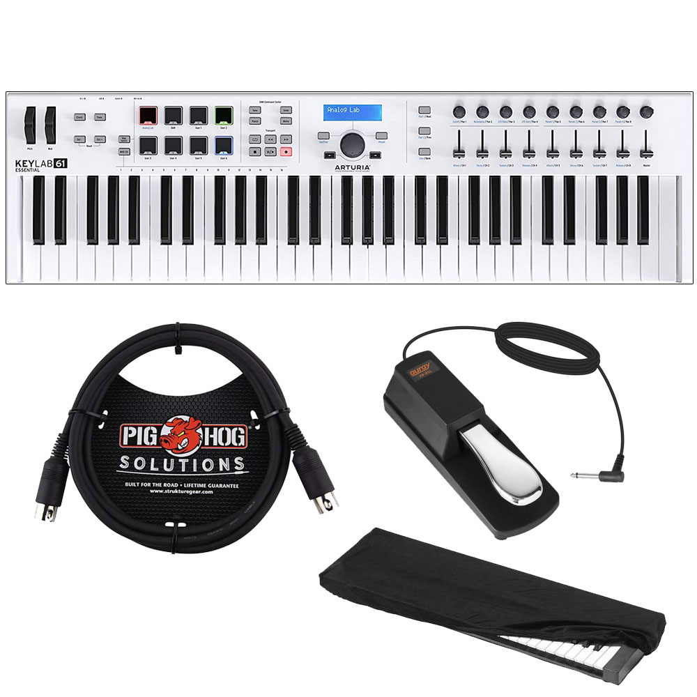 Arturia KeyLab Essential 61 Universal MIDI Controller and Software with 6ft MIDI Cable, Sustain Pedal & Keyboard Dust Cover (Medium) Bundle