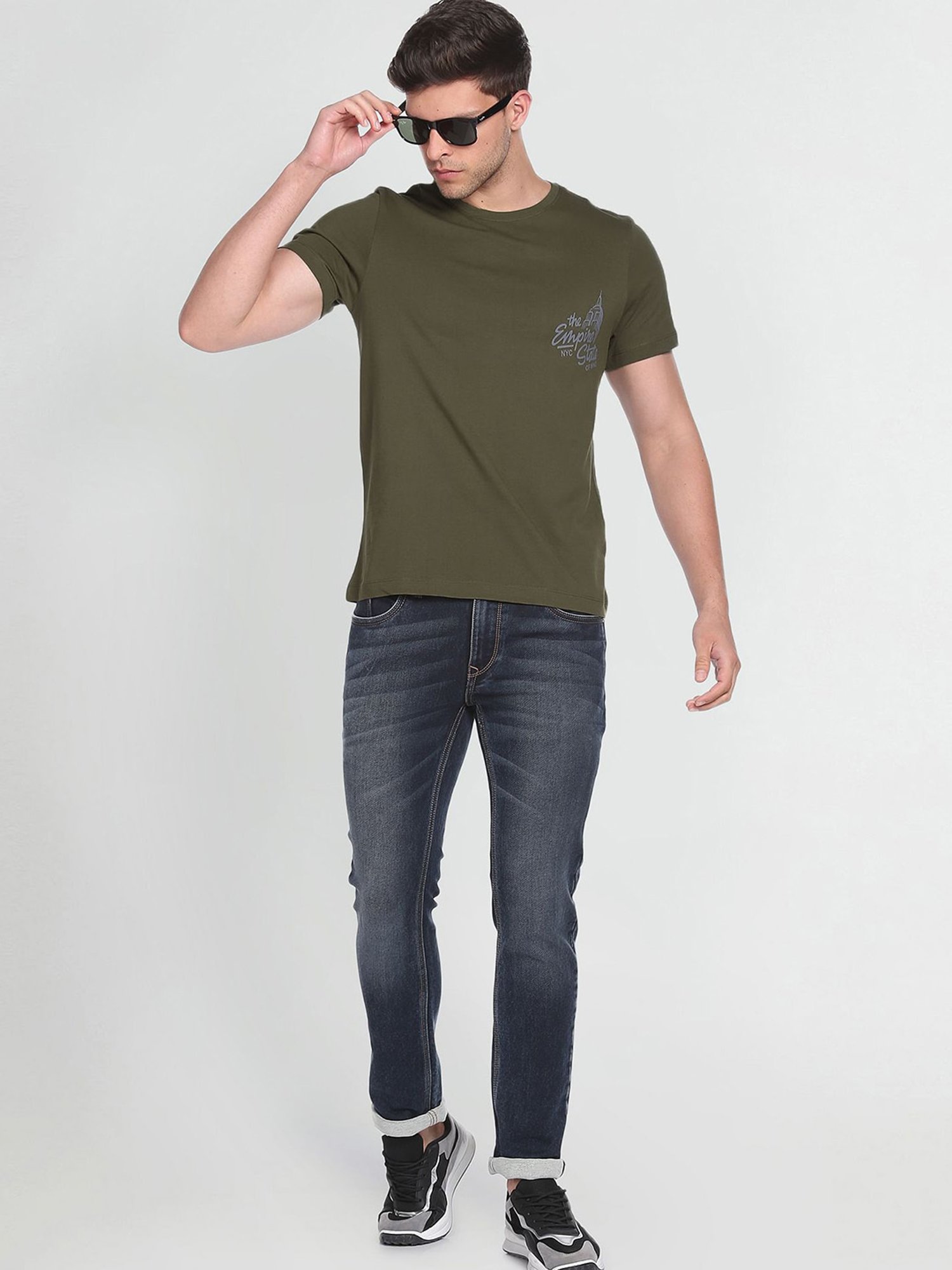 Arrow Sport Olive Cotton Regular Fit Printed T-Shirt