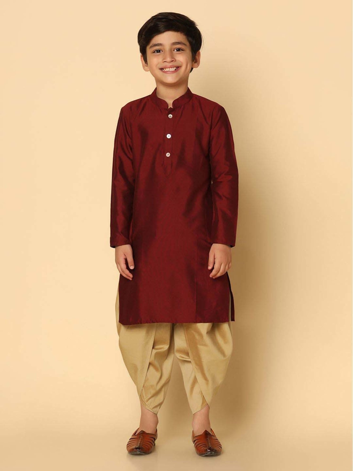KISAH Kids Maroon & Golden Regular Fit Full Sleeves Kurta Set