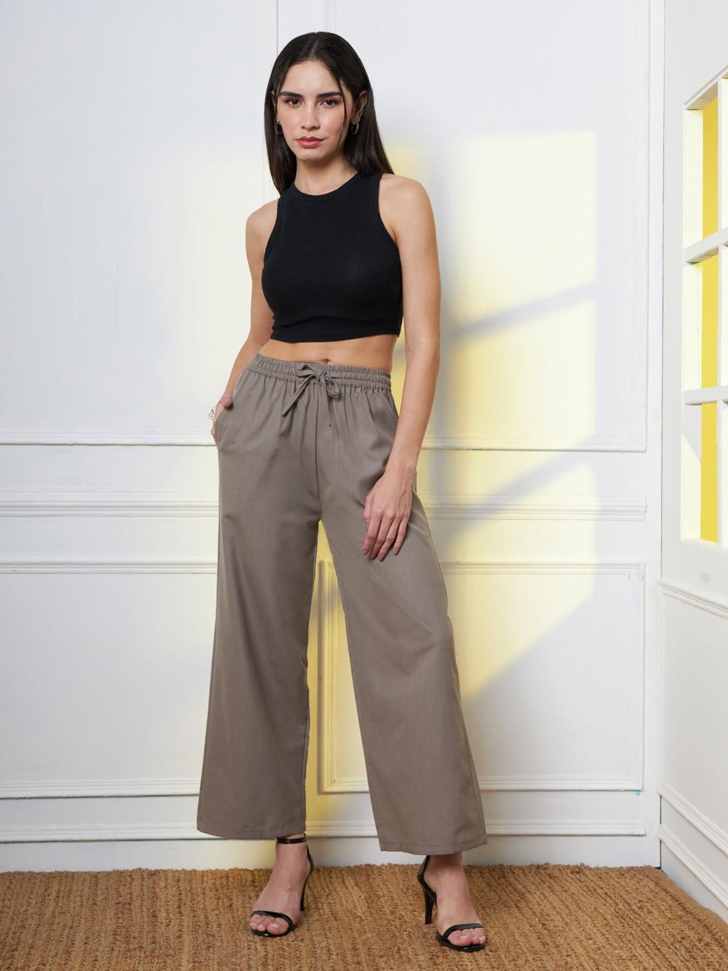 FITHUB Light Grey Straight Fit High Rise Trousers