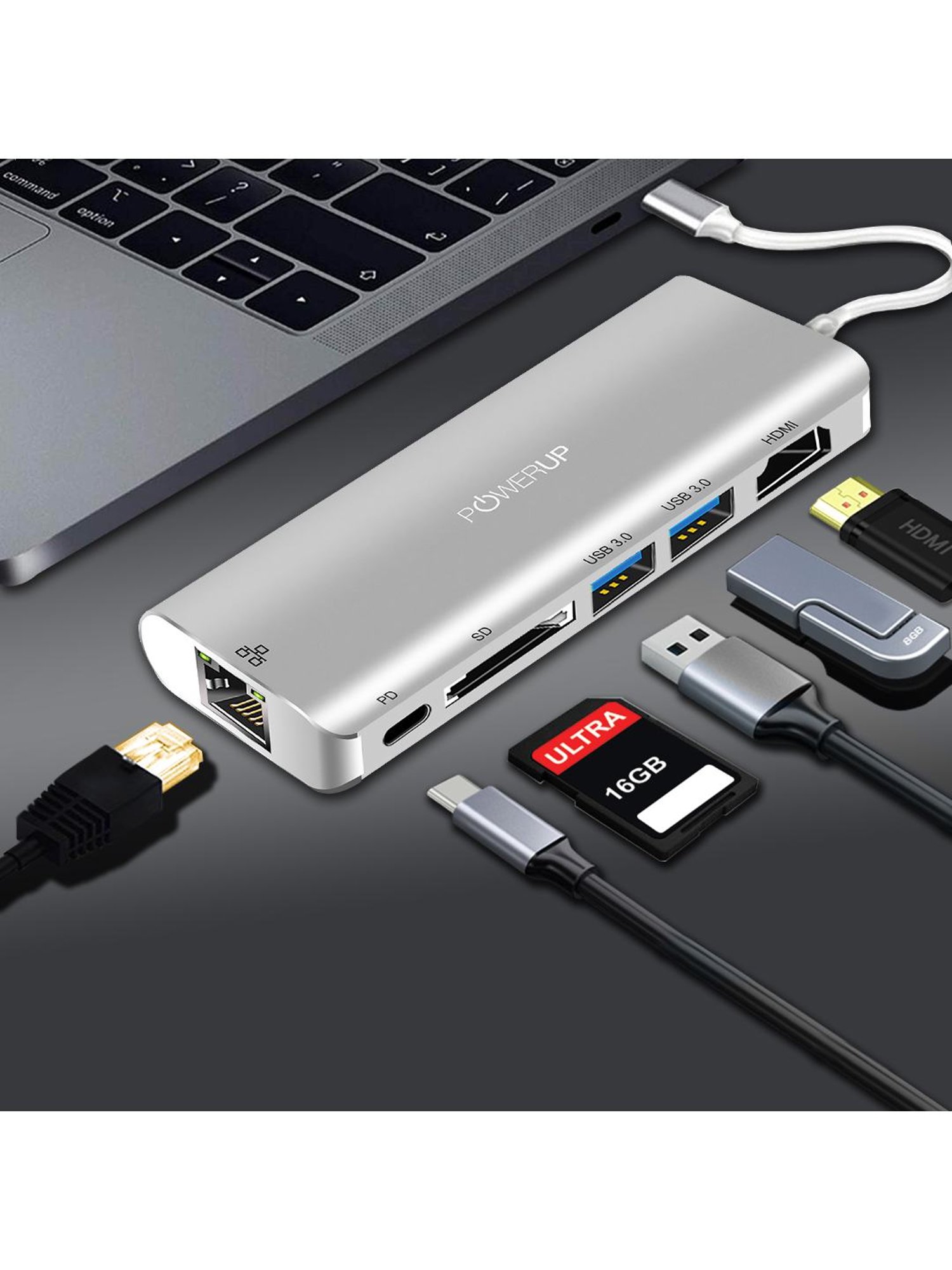 Powerup Elite Plus 6 in 1 Multi-Port Adapter for Macbook Pro (Silver)