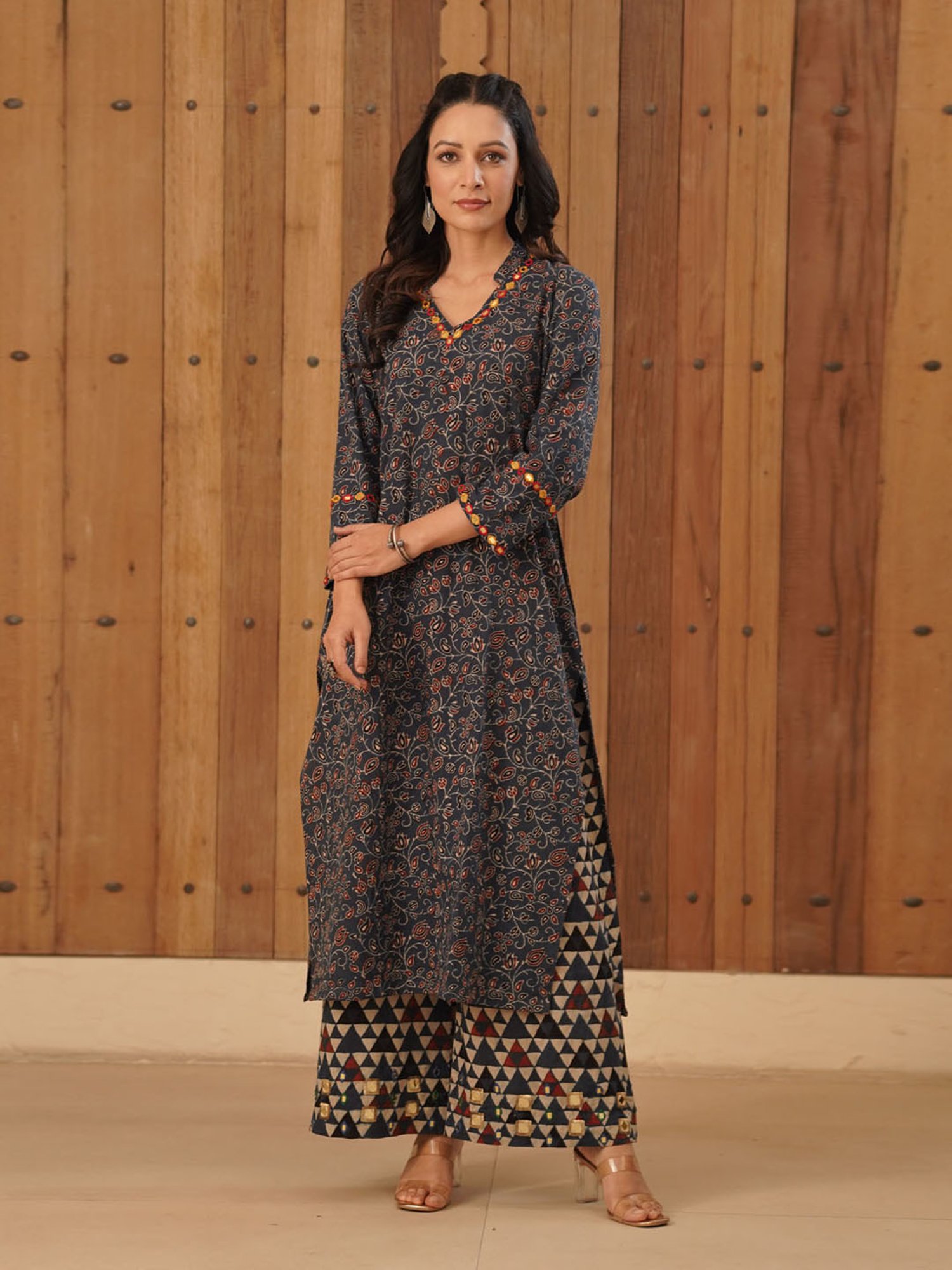 Love Chic Ajrakh Flare Kurta with side slits and 3/4th sleeves