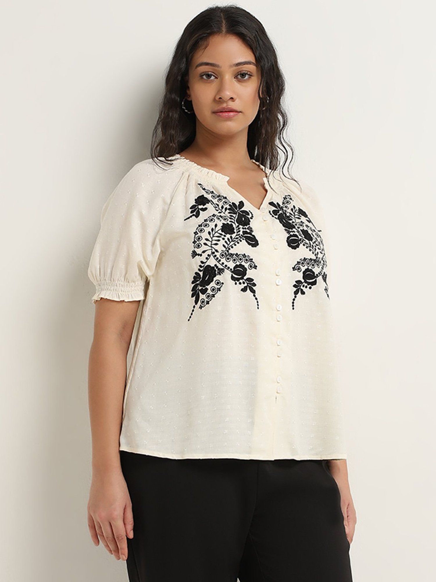 Gia by Westside Off-White Floral Embroidered Blouse