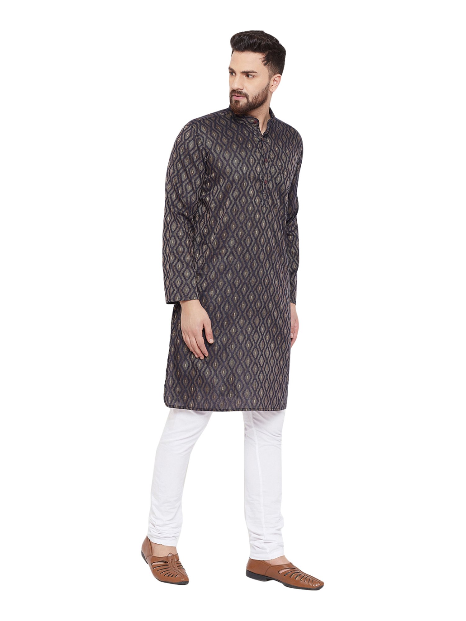 Even Brown Cotton Regular Fit Self Pattern Kurta