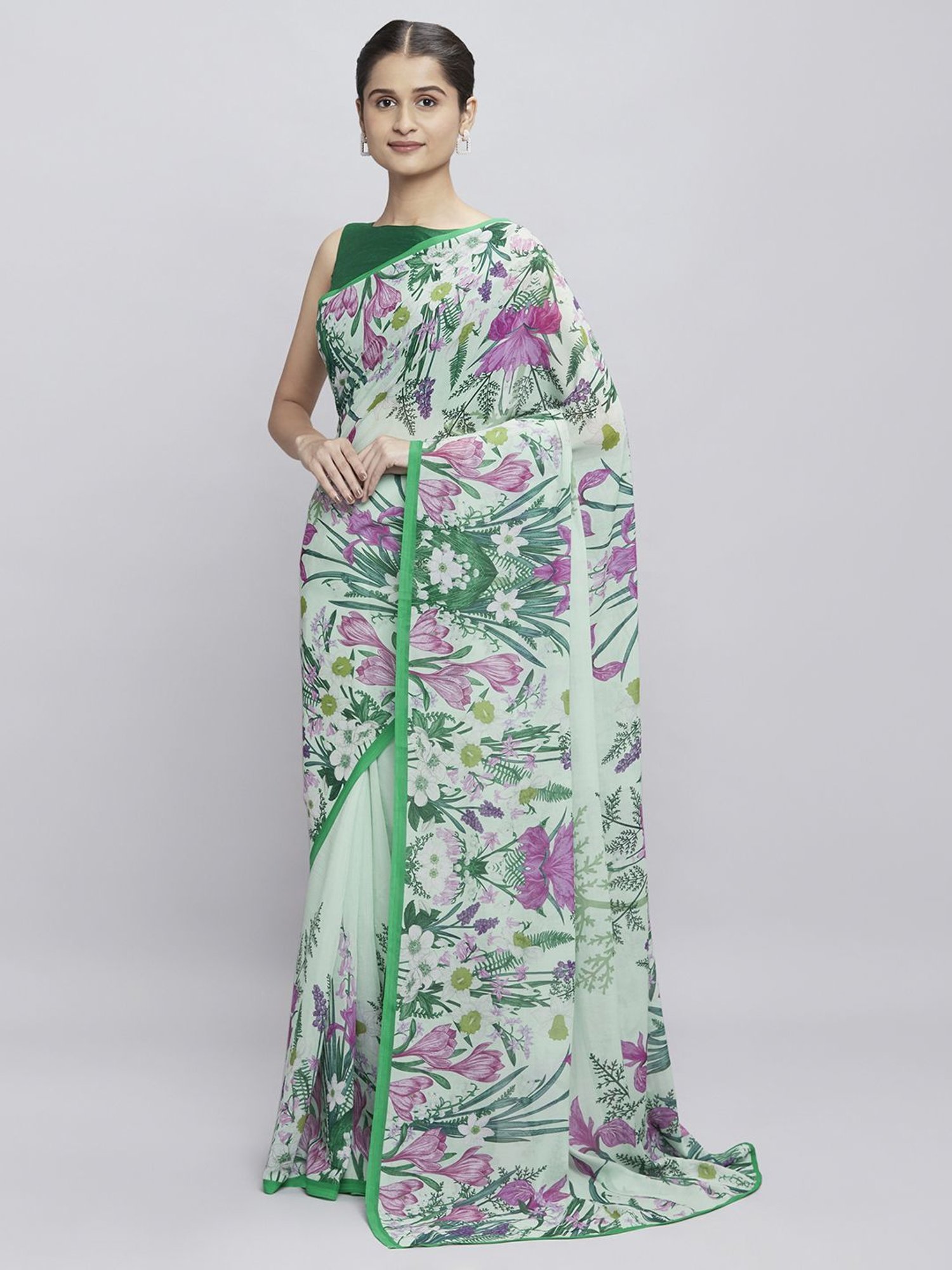 Navyasa Pista Green Liva Georgette Floral Printed Saree With Coordinated Unstitched Blouse Piece