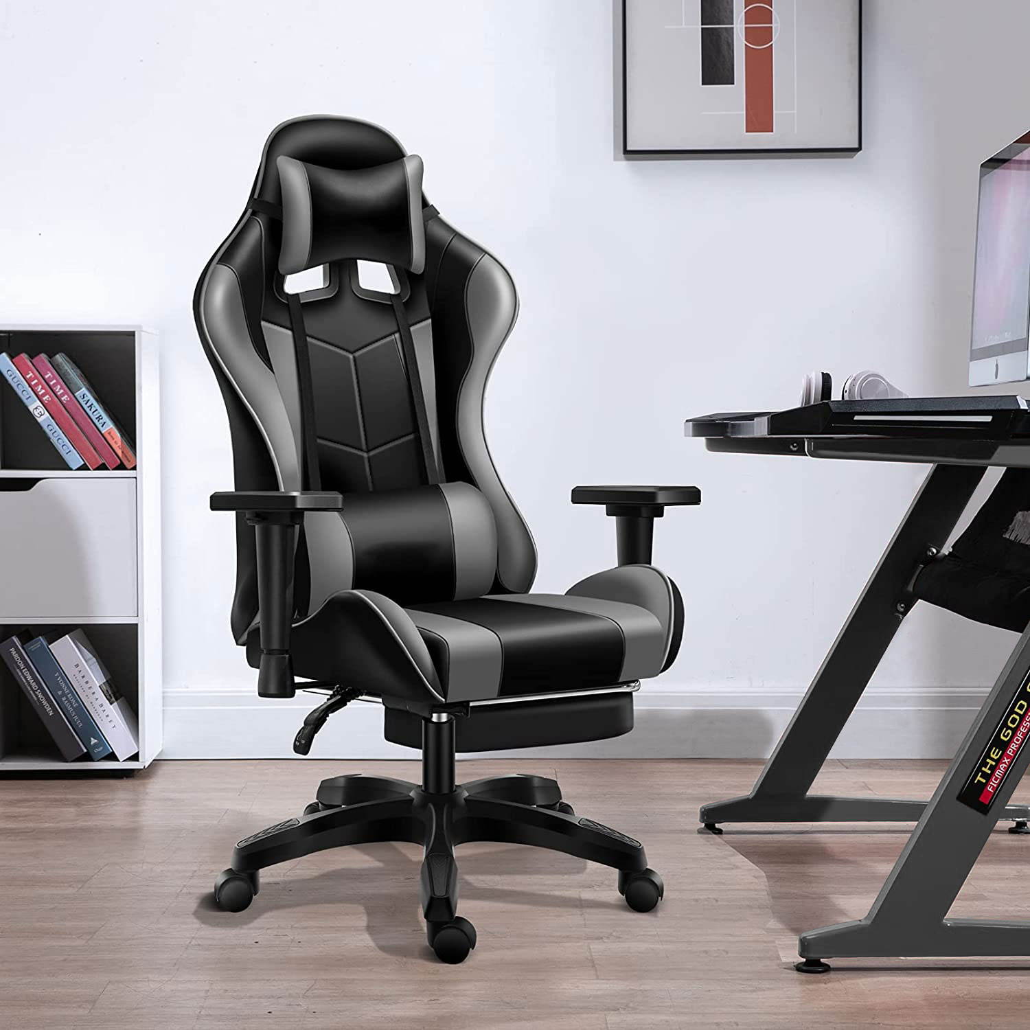 Weekan Gaming Chair Pu Leather Ergonomic Desk Racing Chair Height Adjustable Office Recliner With Removable Headrest Pillow and Massage Lumbar Cushion,Gray