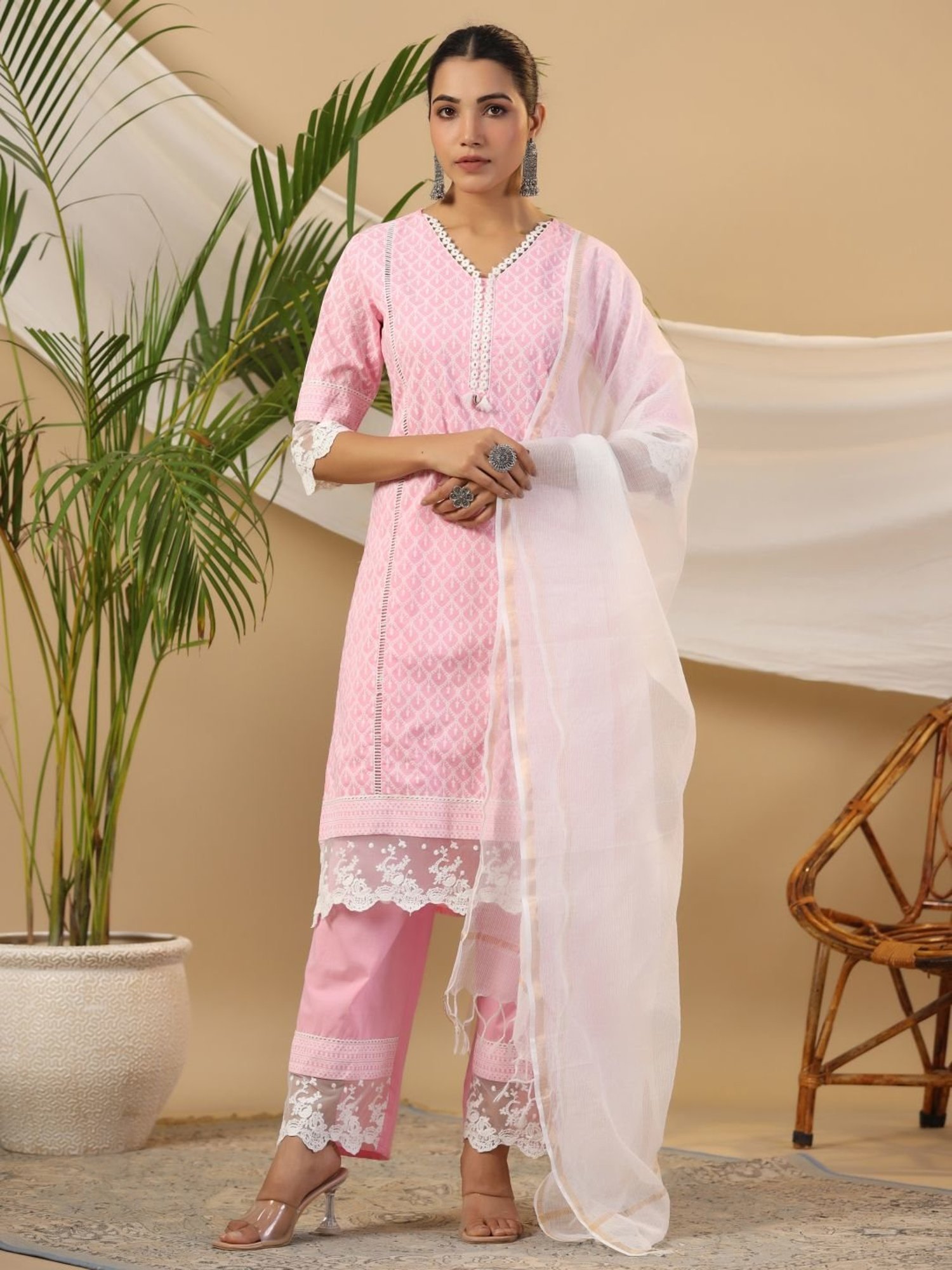 Juniper The Rooh Pink Ethnic Print & Lacy Cotton Kurta Palazzo Set With Lining & Kota Doria Dupatta