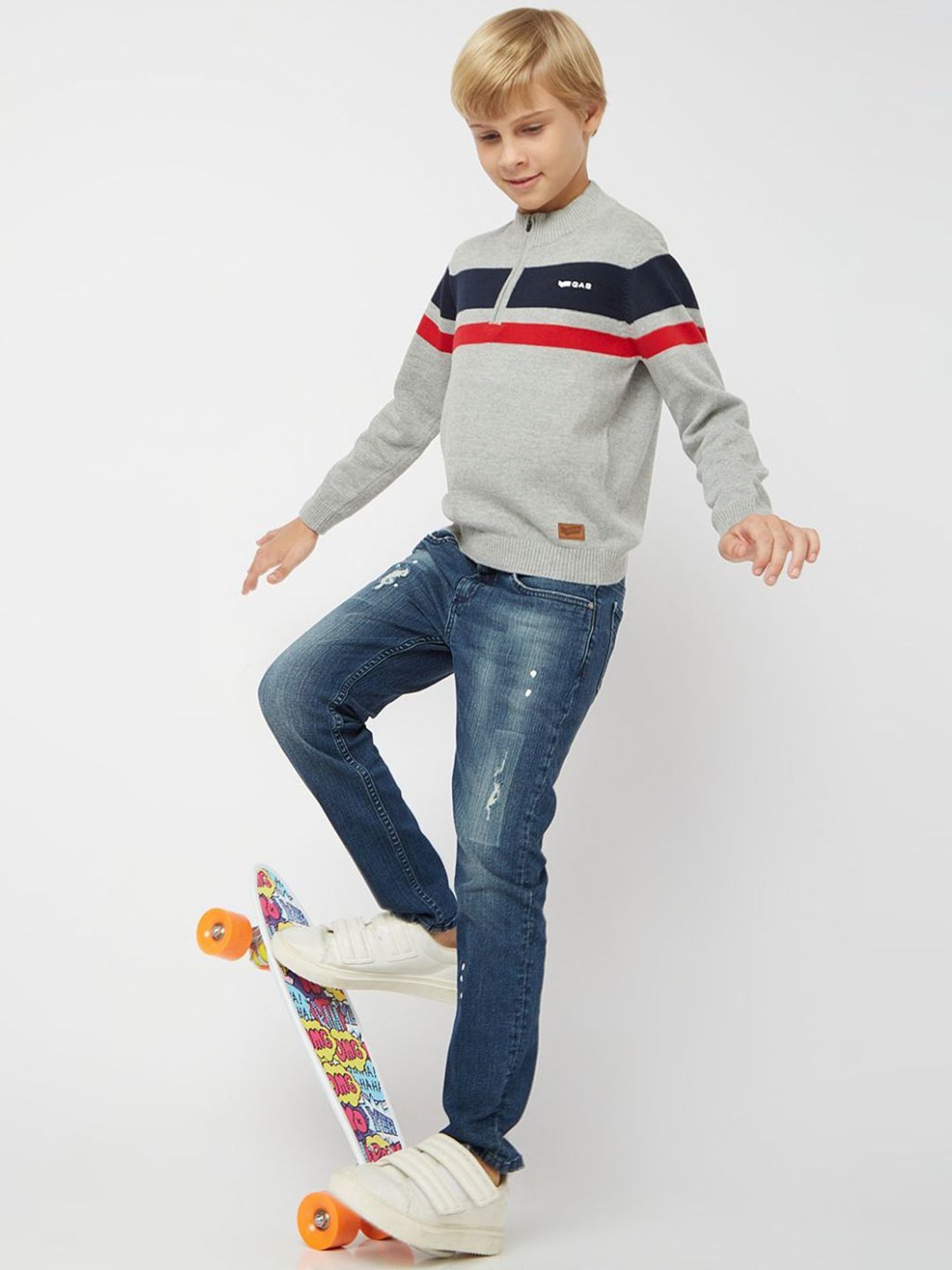 GAS Kids Grey & Navy Cotton Striped Full Sleeves Sweater
