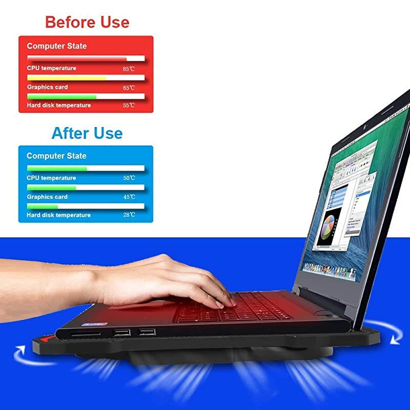 Laptop Cooling Pad 5 Fans Up to 173 Inch Heavy Notebook Cooler Blue LED Lights 2 USB Ports S035 Blue5fans