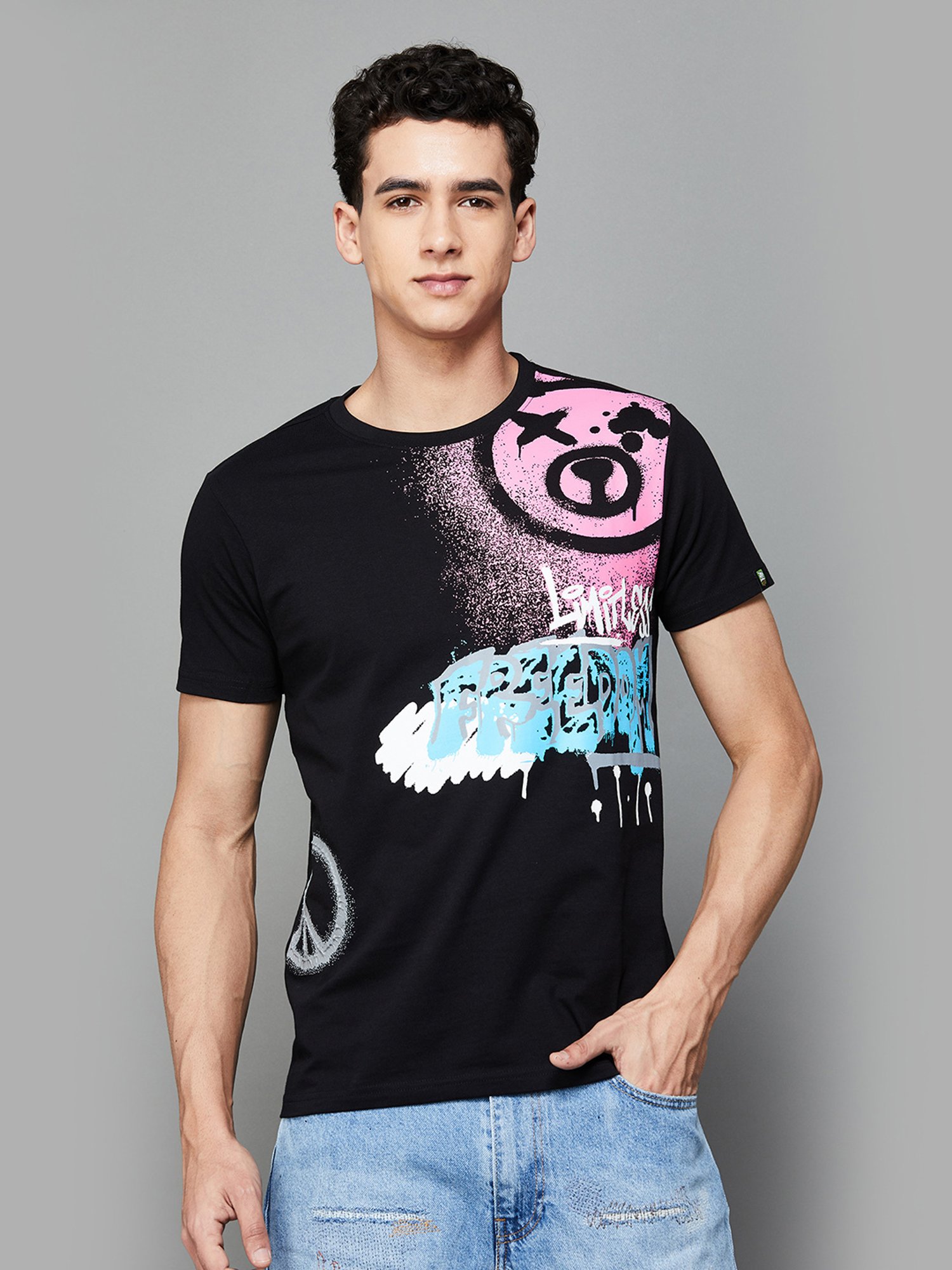 Forca by Lifestyle Black Regular Fit Graphic Print Crew T-Shirt