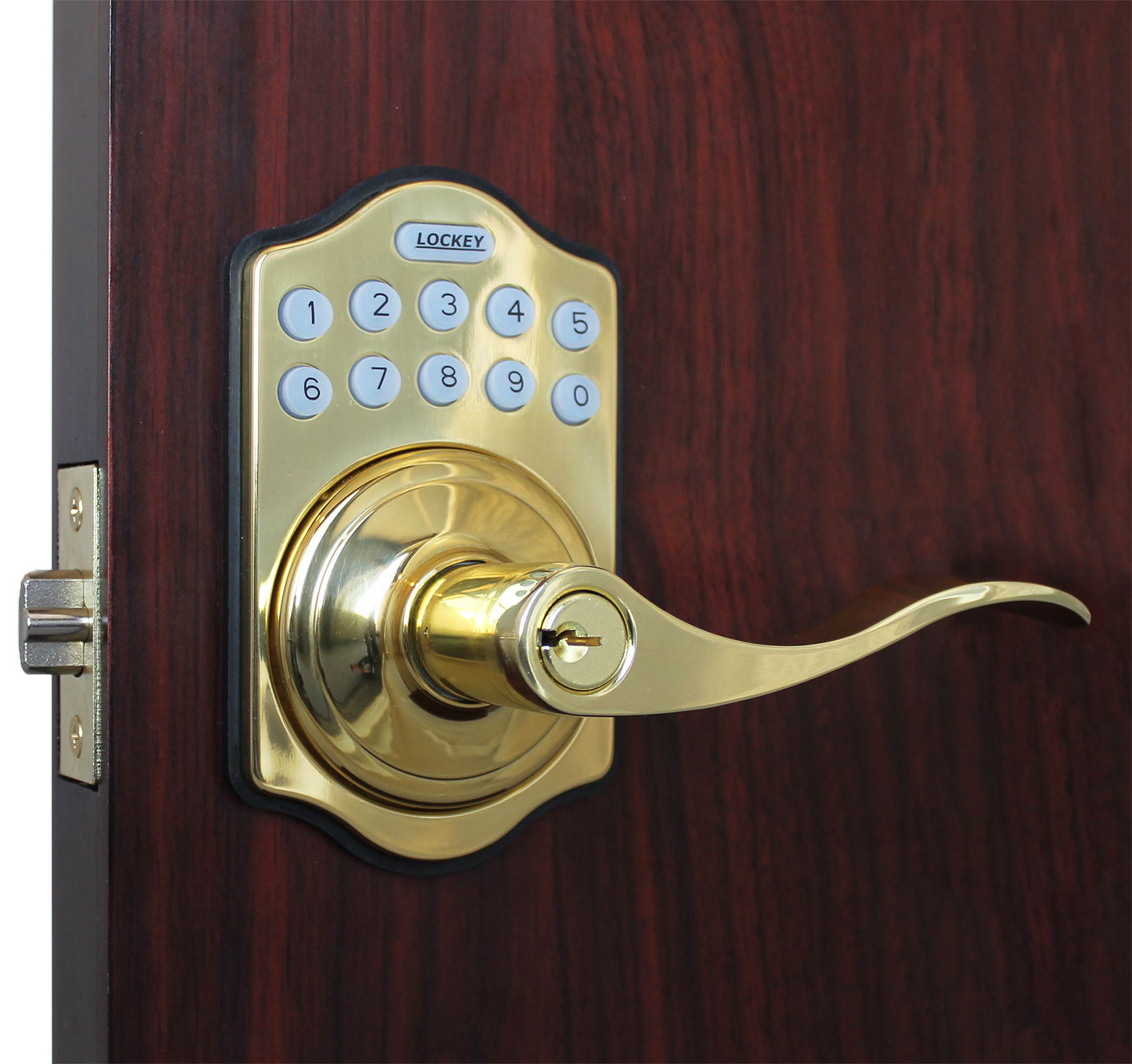 LockeyUSA E985BB Electronic Push Button Digital Door Lock, Access Control, Combination, Remote Capable, Keyless Lever Lock with Keypad Access in Bright Brass