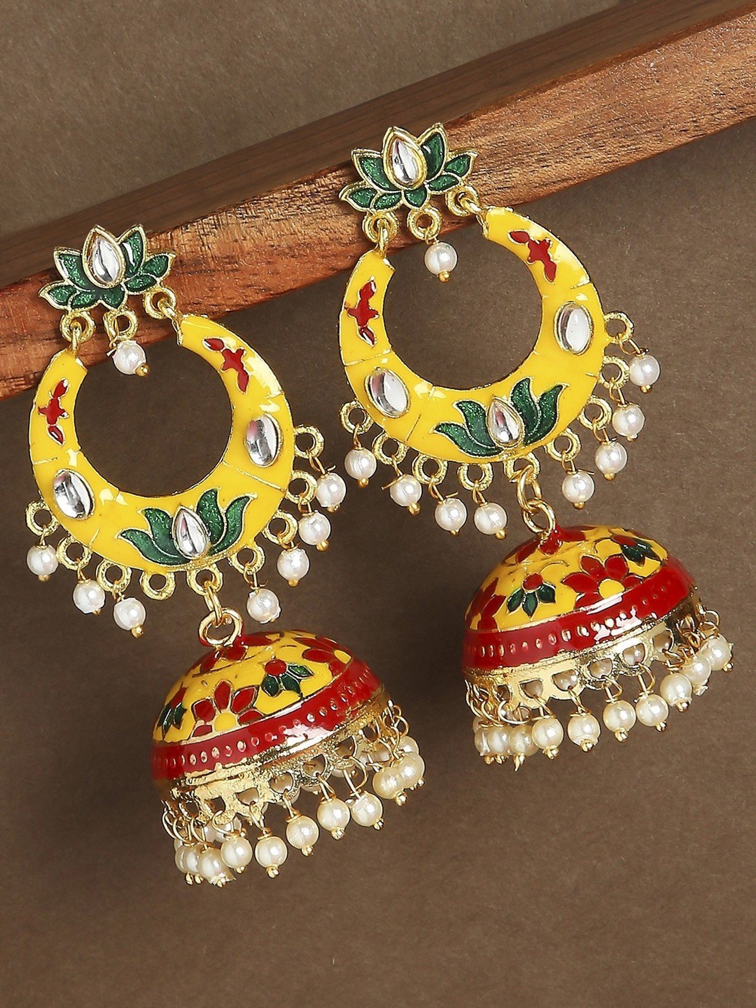 OOMPH Jewellery Yellow Enamel Floral Jhumki