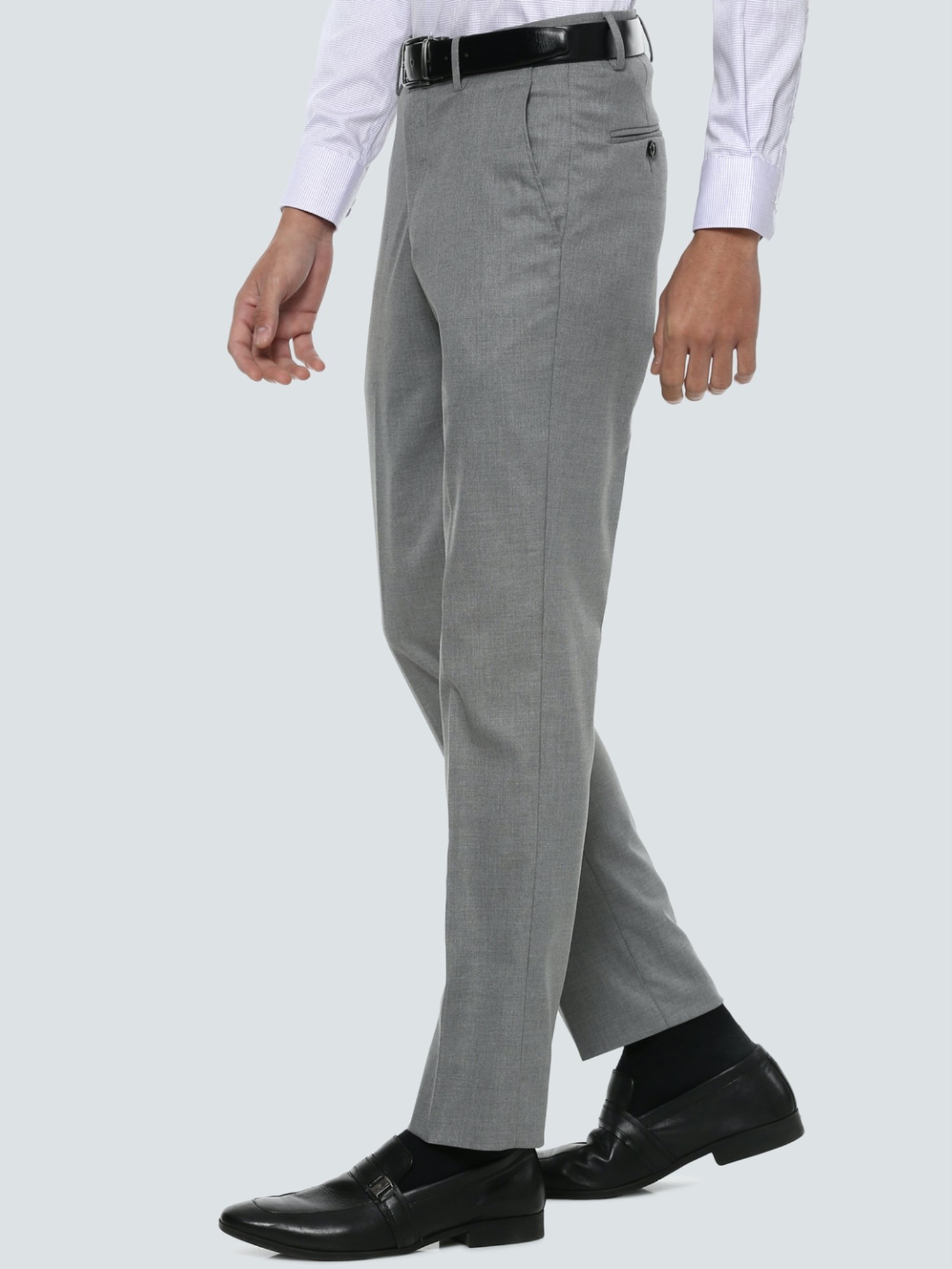 Louis Philippe Grey Slim Fit Self Pattern Flat Front Trousers