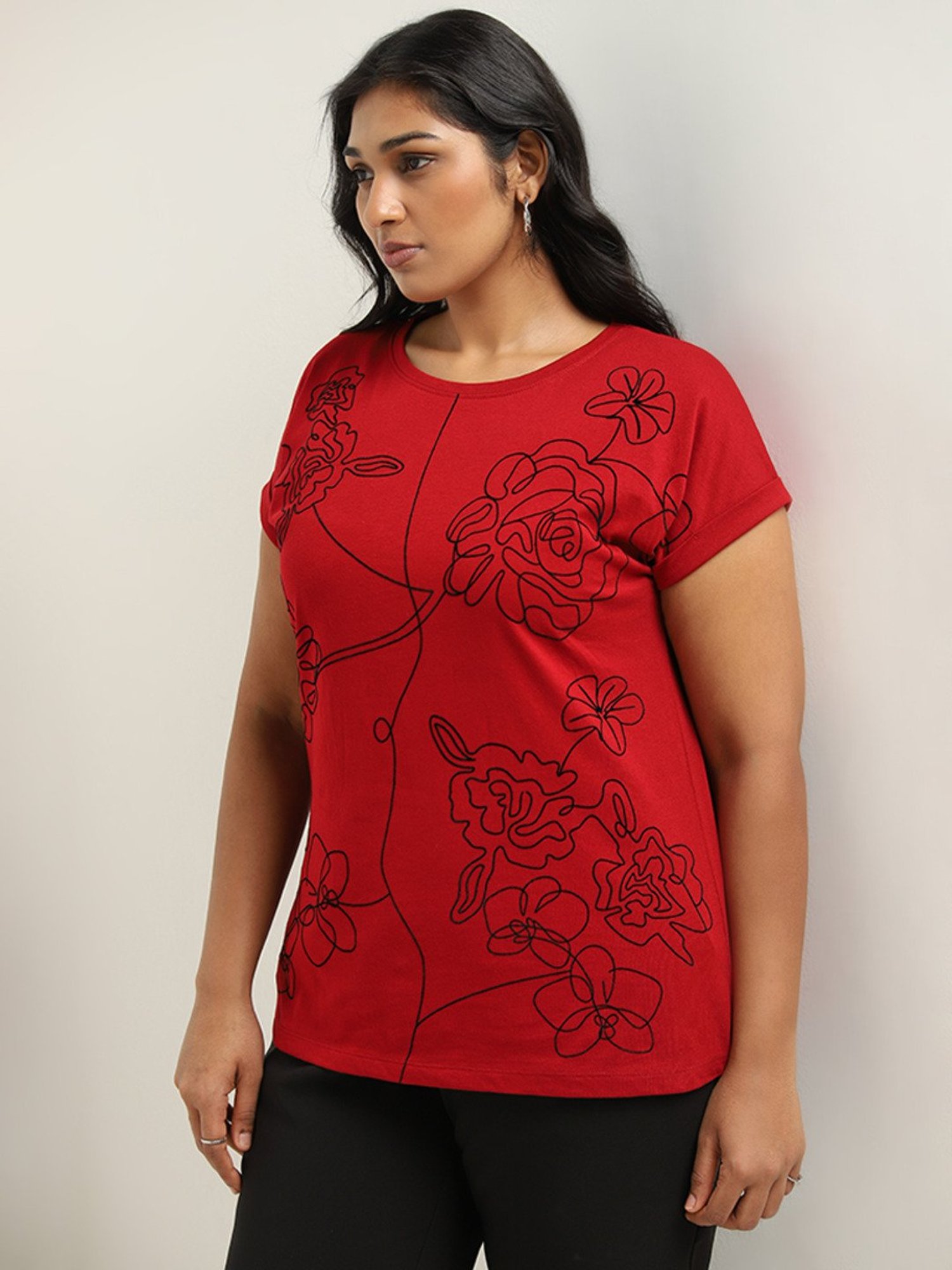 Gia by Westside Red Floral Pattern Cotton T-Shirt