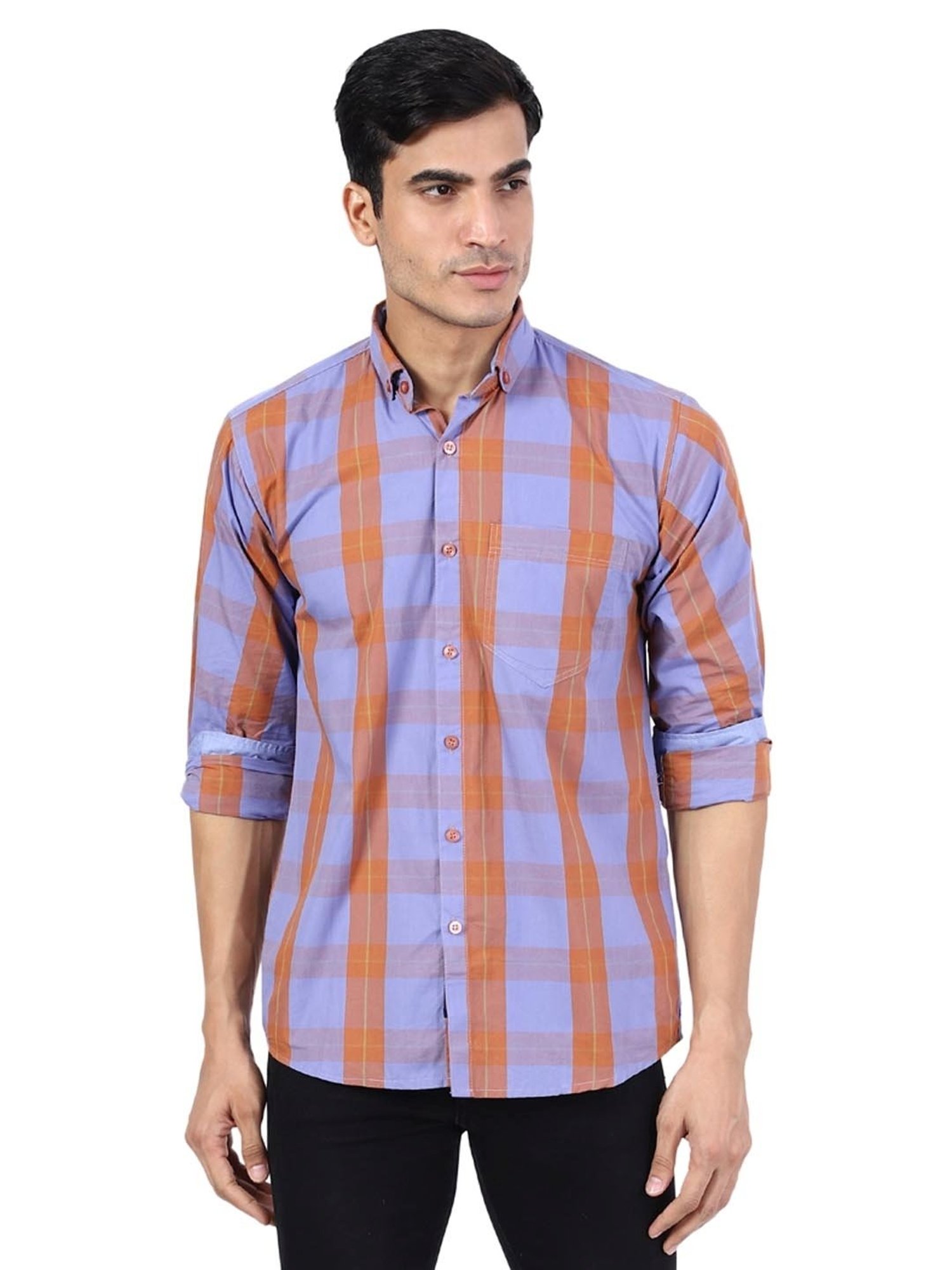 TAHVO Purple & Orange Cotton Slim Fit Checks Shirt