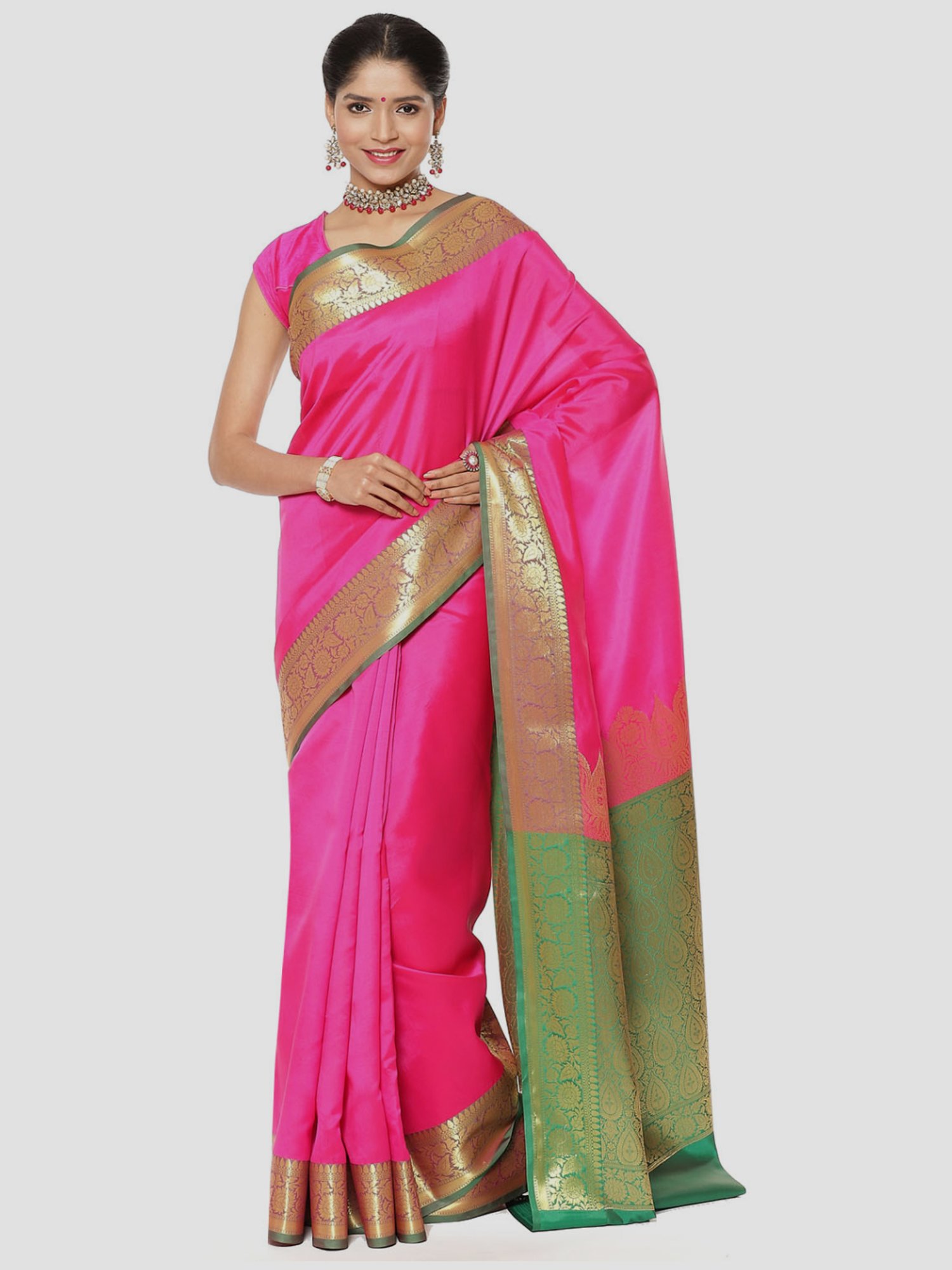 Banarasi Silk Works Pink Woven Saree With Unstitched Blouse
