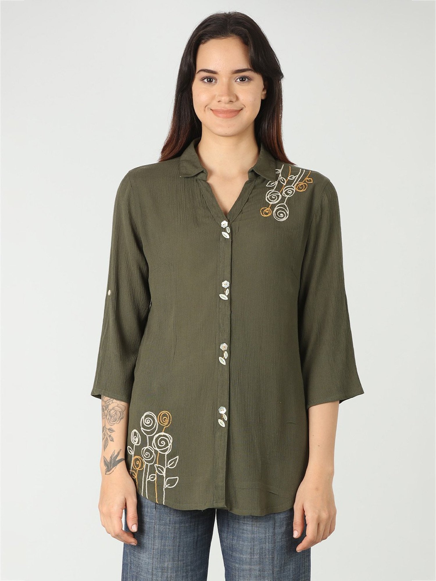 Mustard Olive Embroidered Shirt