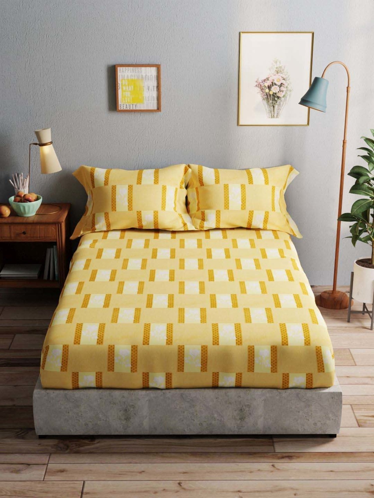 Bianca Amolina Mustard 135 TC Cotton Double Bedsheet with 2 Pillow Covers