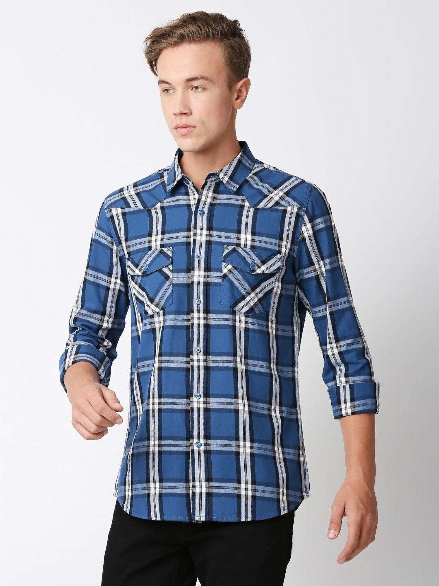 SOLEMIO Blue Slim Fit Check Cotton Shirt