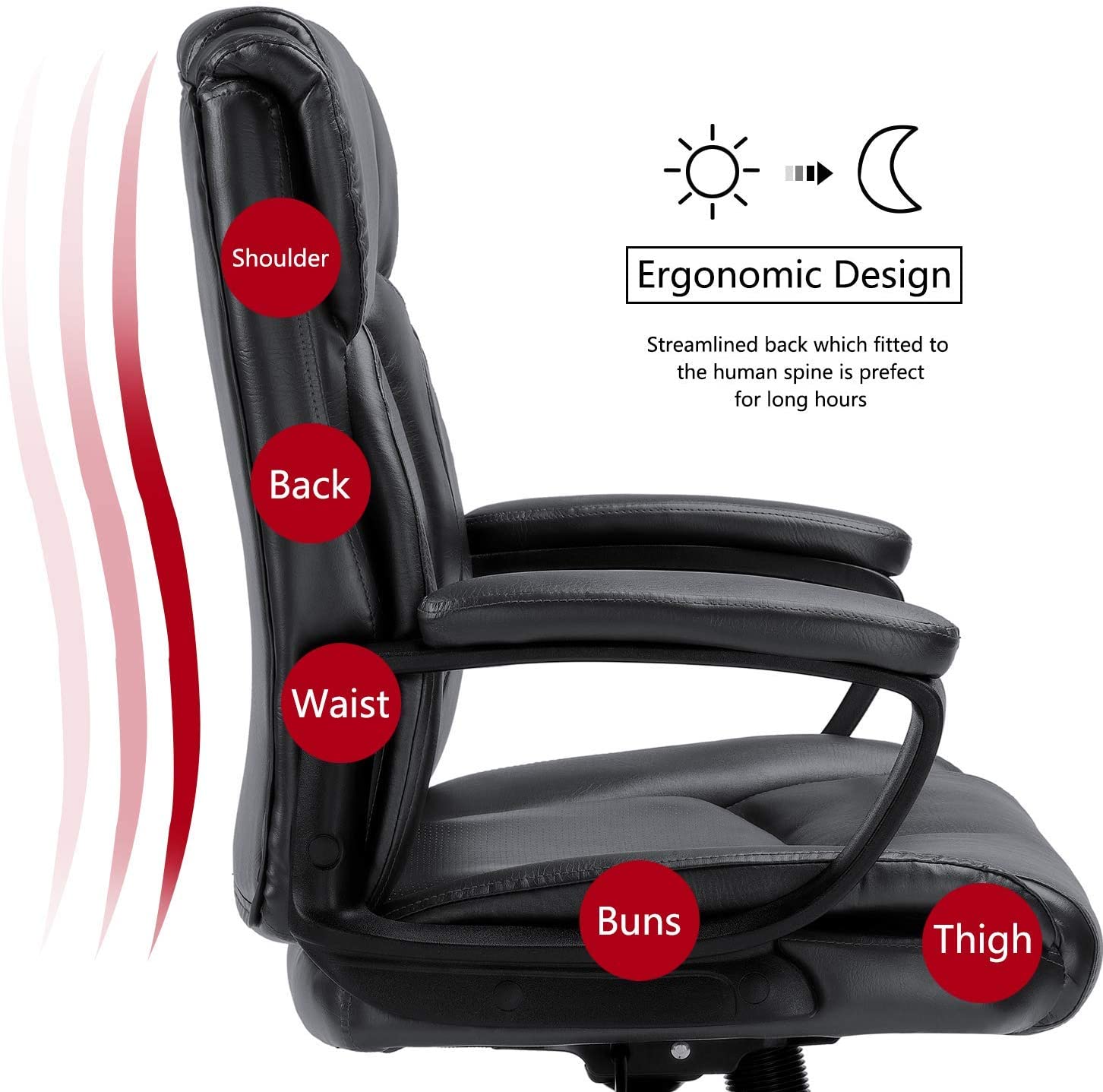 BOSSIN Mid-Back Executive Office Chair Leather Computer Desk Chair with Armrest,Swivel Ergonomic Task Chair with Lumbar Support,Thick Padded Rolling Chair for Adults (Mid-Back, Black)