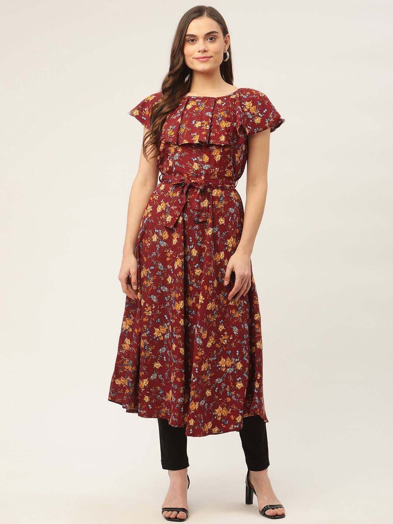 Jompers Maroon Pure Cotton Floral Print Flared Kurta