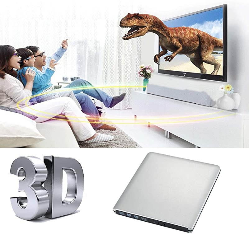 External 3D Blu Ray CD DVD Drive, Portable USB3.0 Blu Ray CD/DVD+/-RW Burner Player Writer Reader Rewriter for PC Netbook Laptop Desktop with Mac OS Windows XP/7/8/10/Vista-Silver