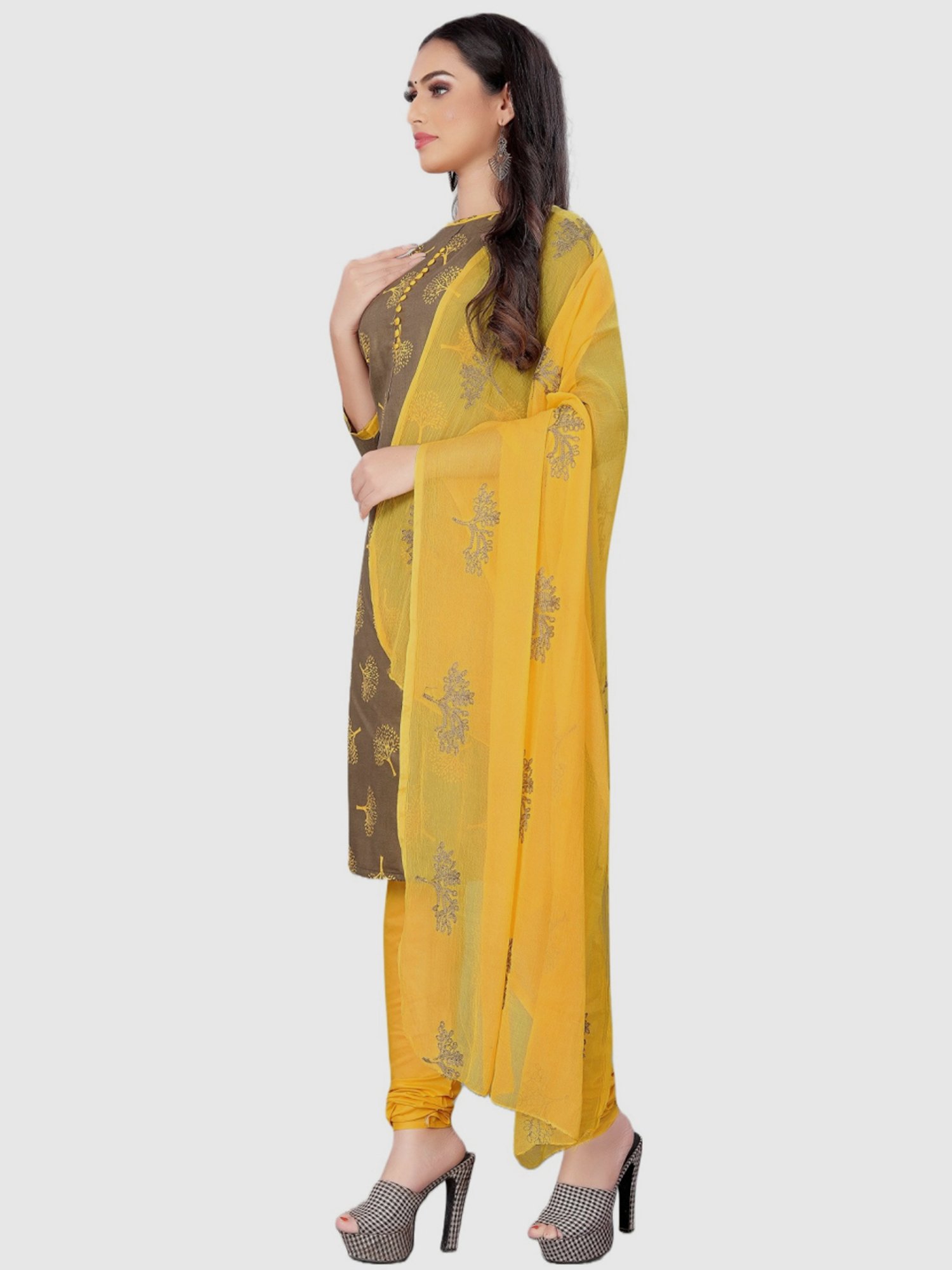 APNISHA Beige & Yellow Cotton Printed Unstitched Dress Material
