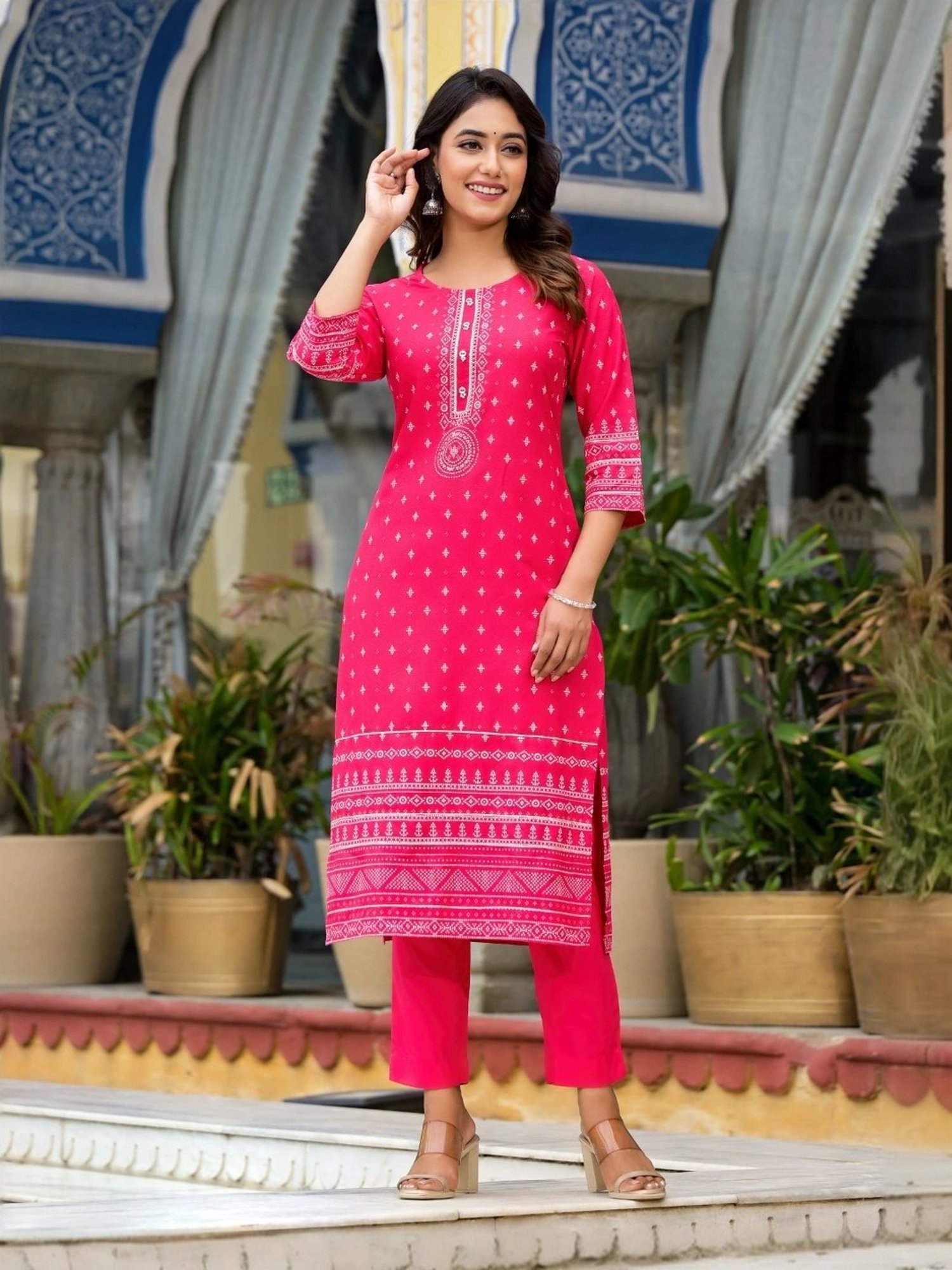 Juniper Pink Embellished Kurta Pant Set With Dupatta