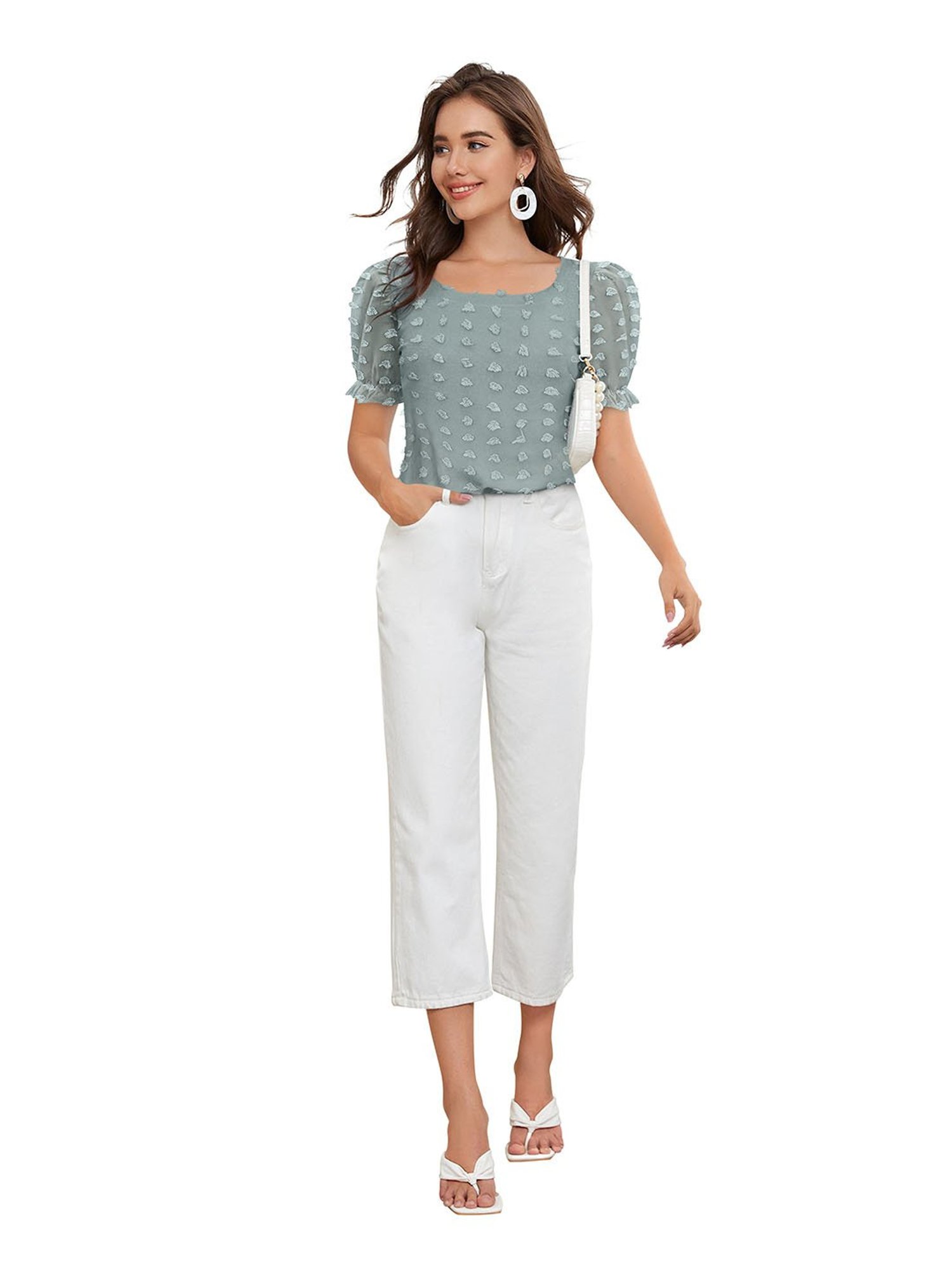 KERI PERRY Light Green Self Design Top