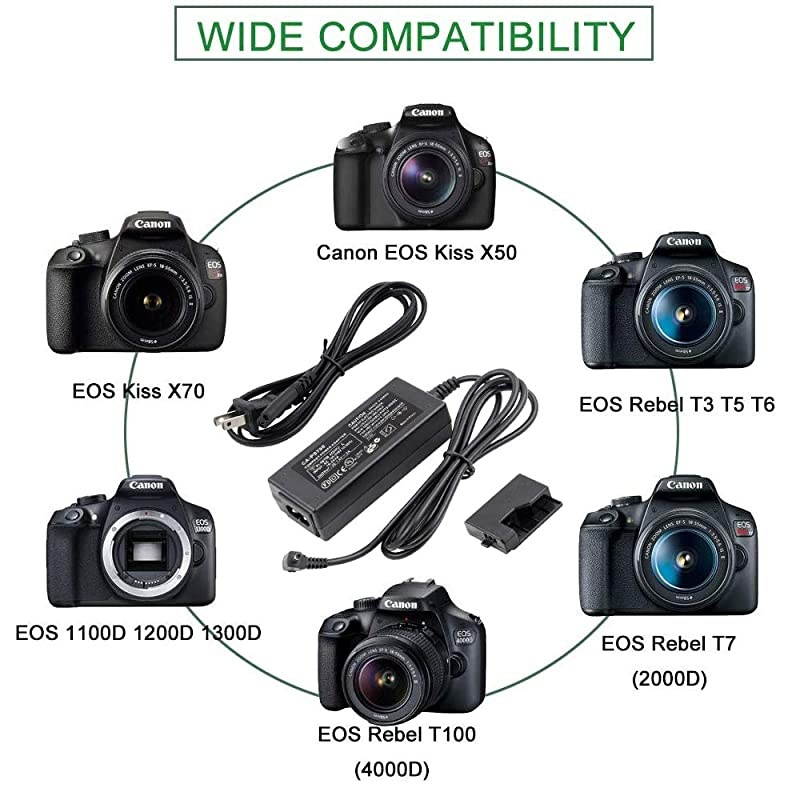 AC Power Adapter Kit Replacement DRE10 DC Coupler Charger Kit Compatible with Canon EOS Rebel T3 T5 T6 T7 T100 Kiss X50 Kiss X70 EOS 1100D Cameras and More Replacement for LPE10