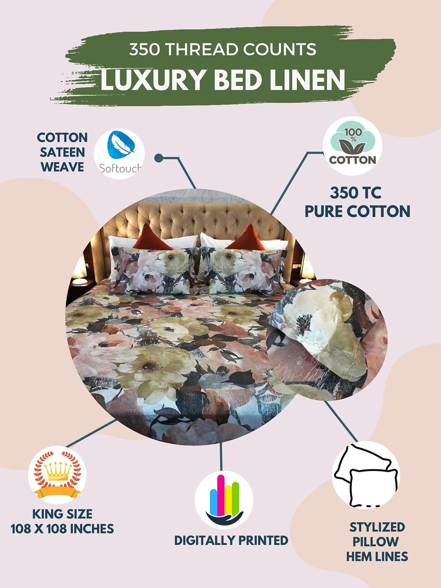 TARA Sparkling Homes Fiore Fresco Dove Brown Cotton 350 TC King Bedsheet with 2 Pillow Covers