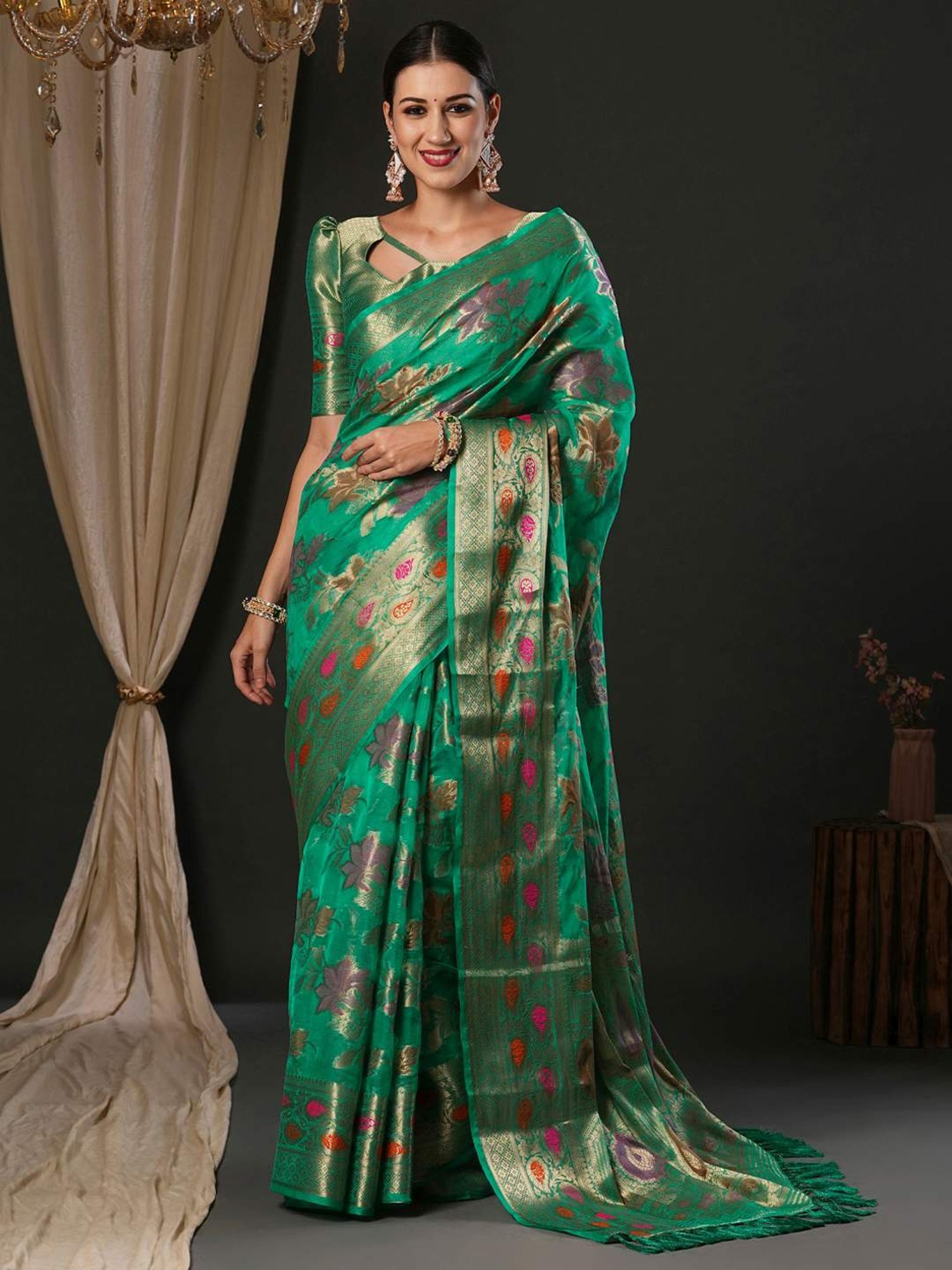 Saree Mall Green Woven Saree With Unstitched Blouse