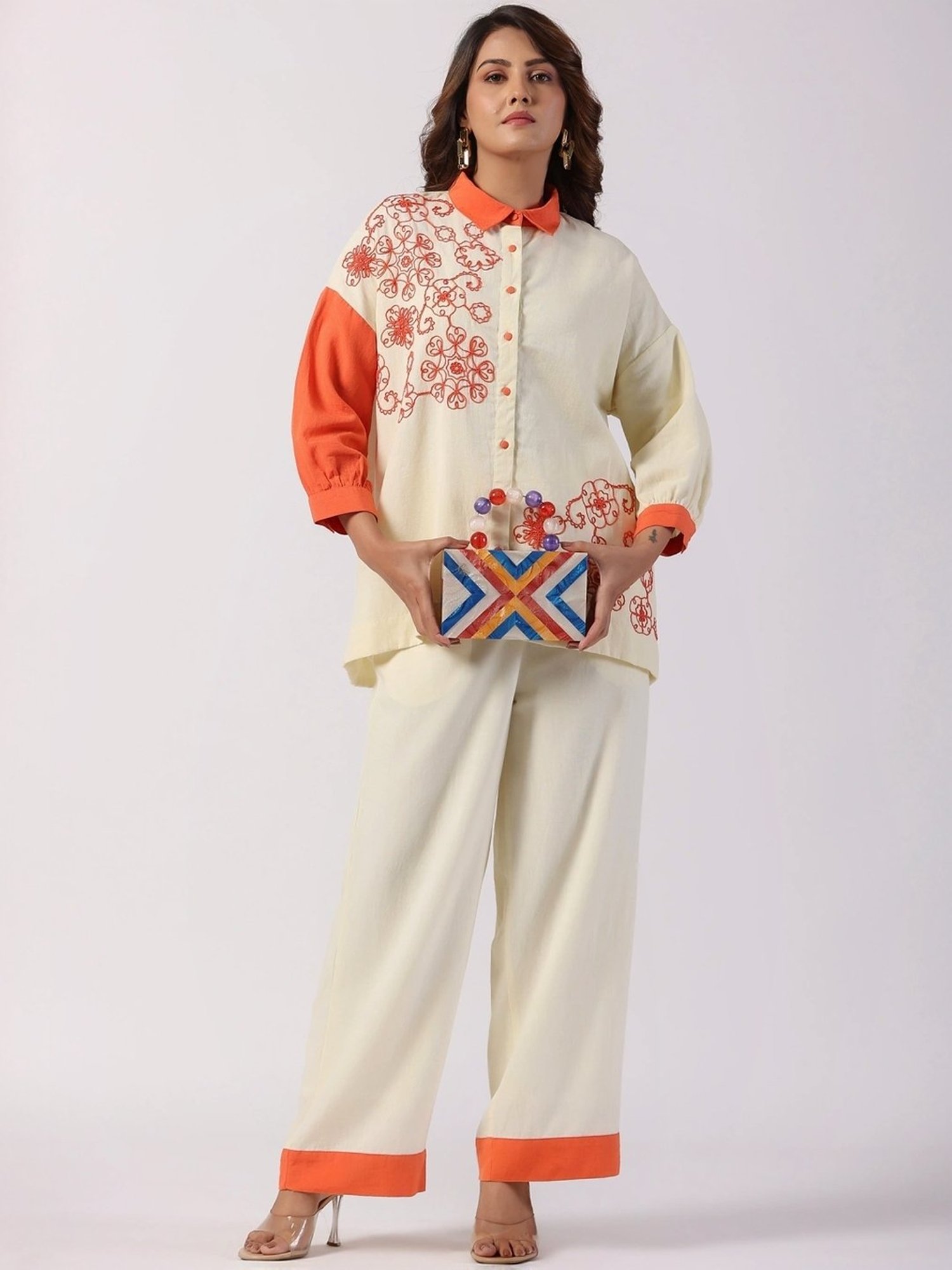 Zolo Label Beige Embroidered Shirt Palazzo Set