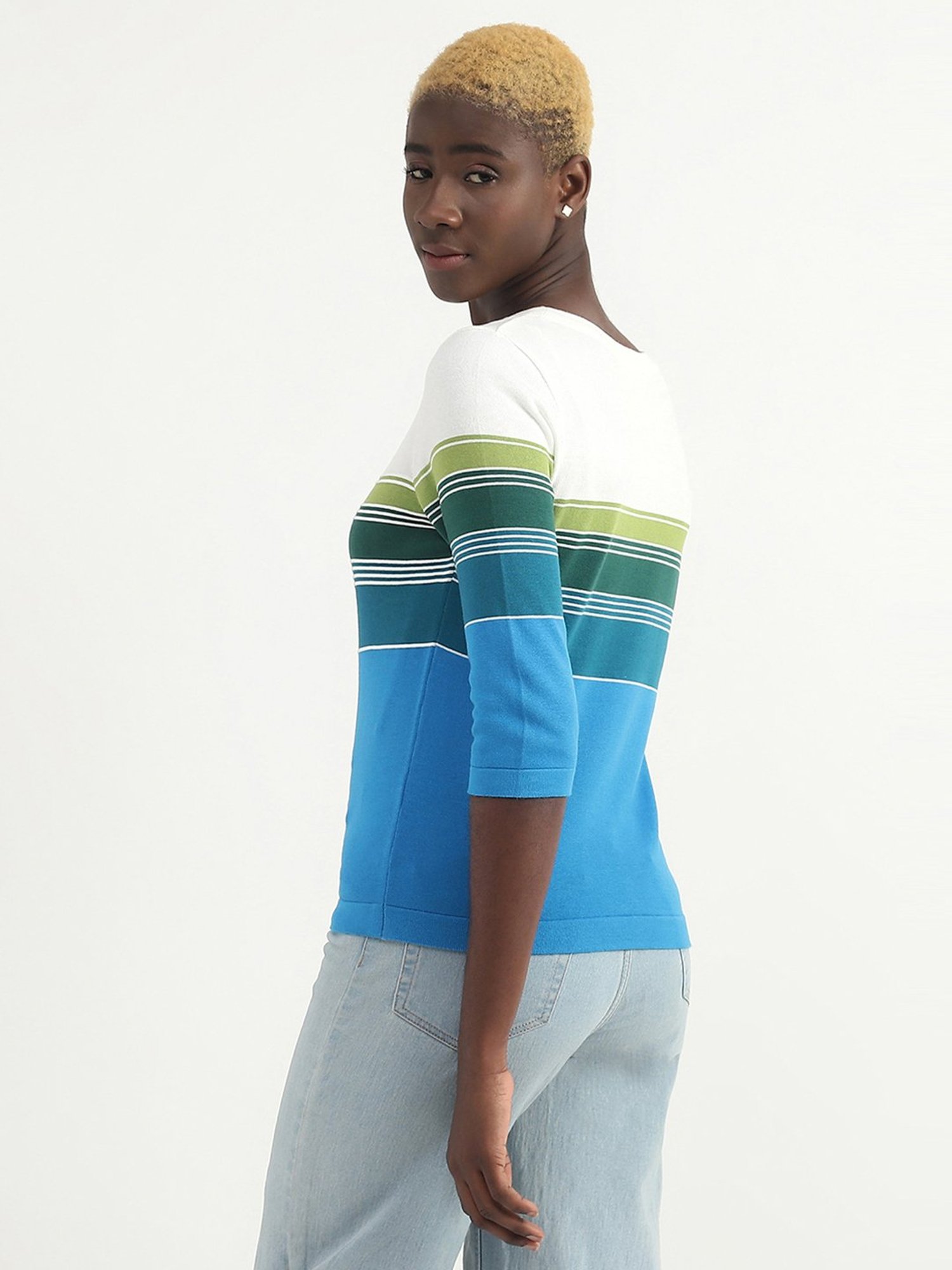 United Colors of Benetton White & Blue Cotton Striped Top