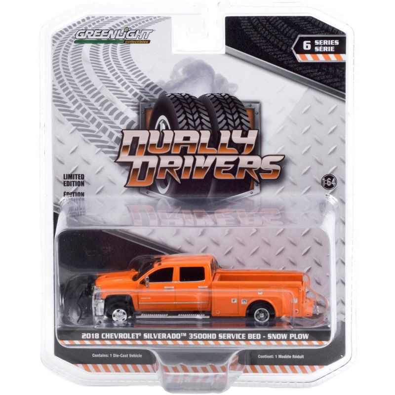 2018 Chevrolet Silverado 3500HD Dually Service Bed Truck with Snow Plow Tangier Orange 1/64 Diecast Model Car by Greenlight