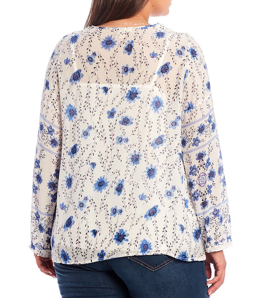 One World Apparel Plus Size Floral Stripe Mix Print Tie Keyhole Round Neck Long Bubble Sleeve Top