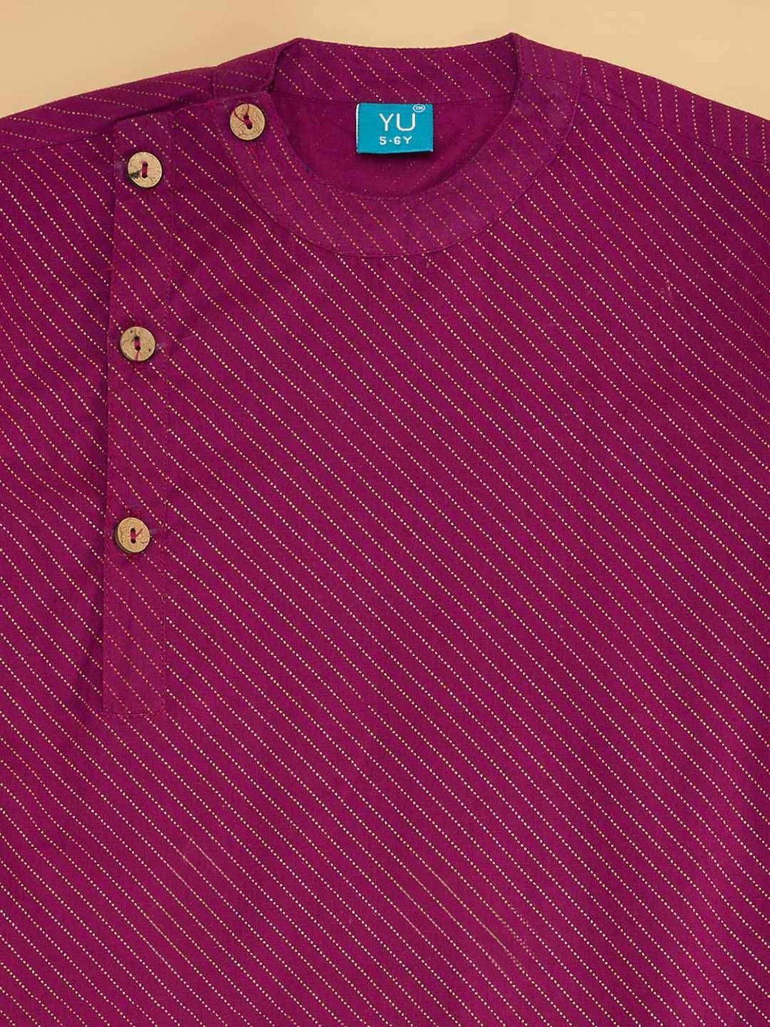 YU by Pantaloons Kids Wine & White Cotton Self Pattern Full Sleeves Kurta Set