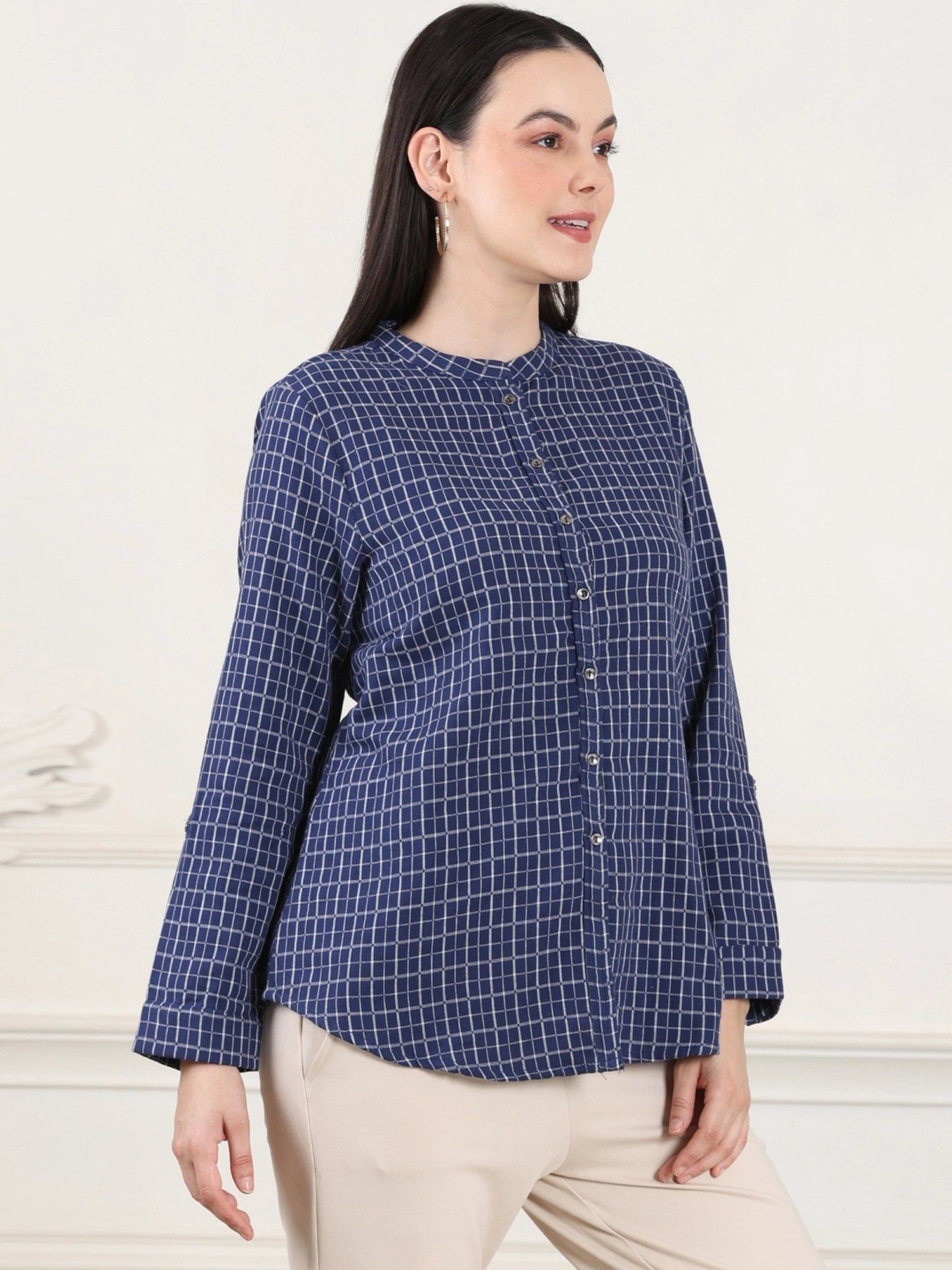W Navy Cotton Chequered Top