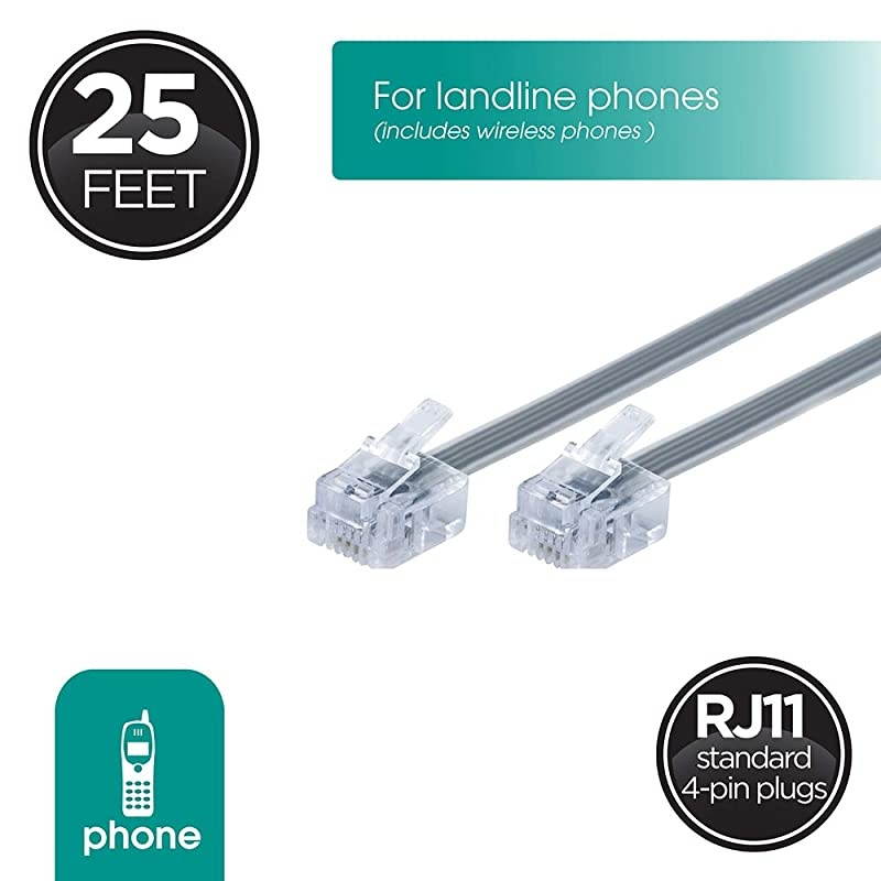 Telephone Line Cord 2 Pack 25 Feet Phone Cord Modular Jack Ends Works for Phone Modem or Fax Machine for Use in Home or Office Satin 46068