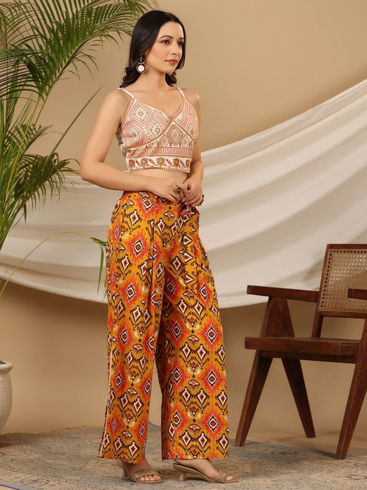 Juniper Mustard Ikat Printed & Tribal Embroidered Rayon Co-Ord Set With Jacket & Kaudis