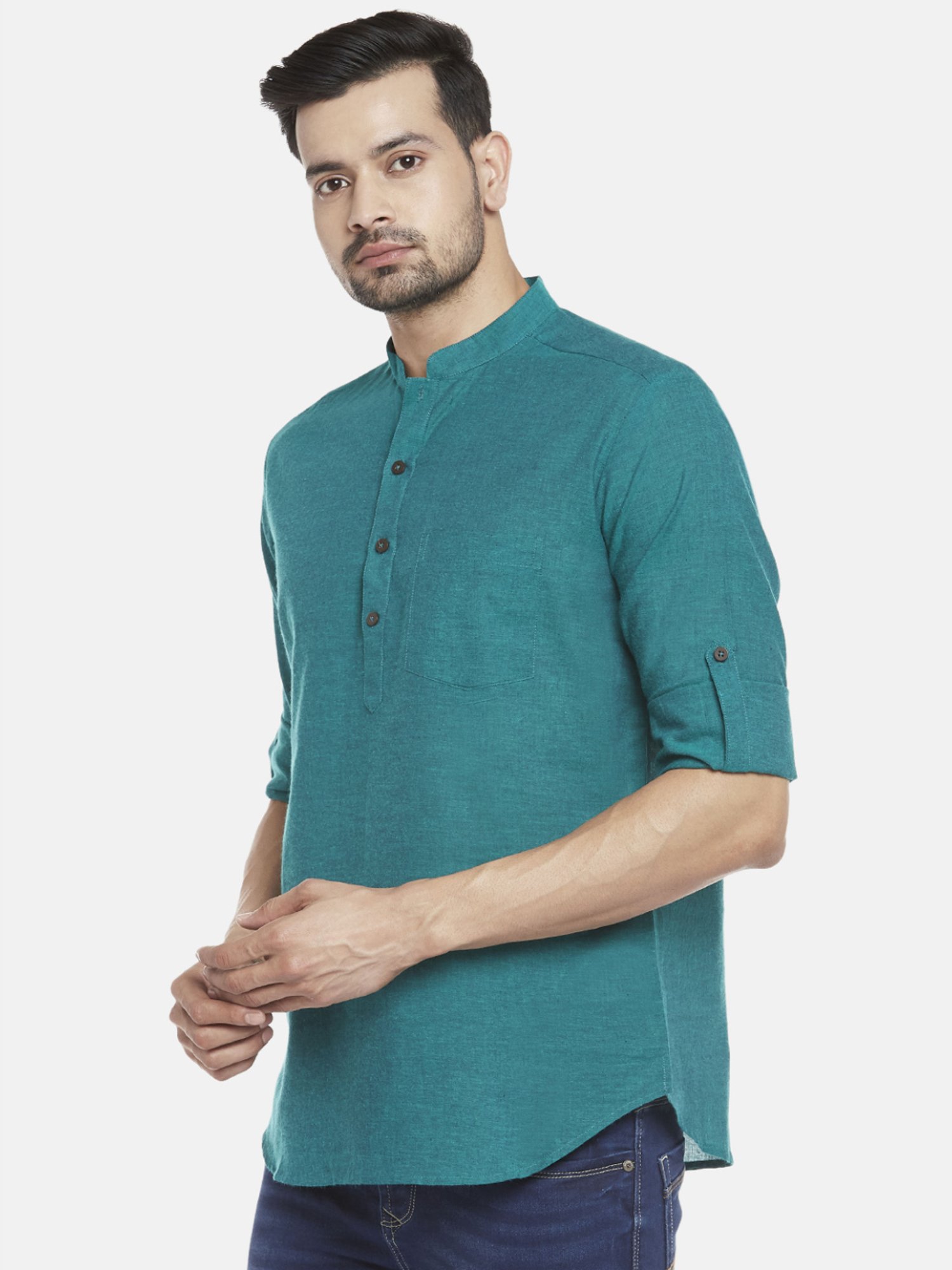 Indus Route by Pantaloons Teal Cotton Regular Fit Short Kurtas