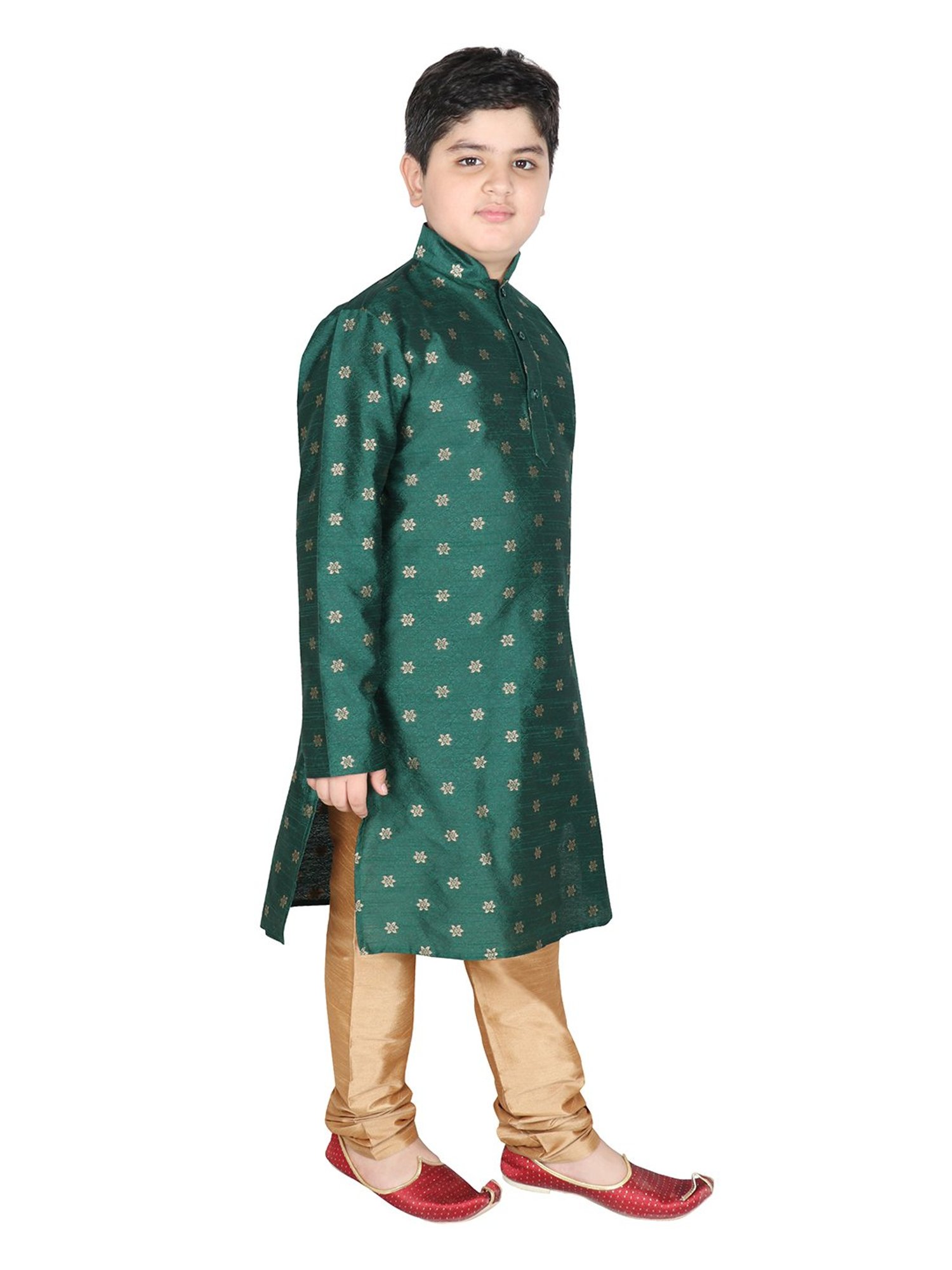 SG Yuvraj Kids Green & Gold Embroidered Full Sleeves Kurta with Pyjamas