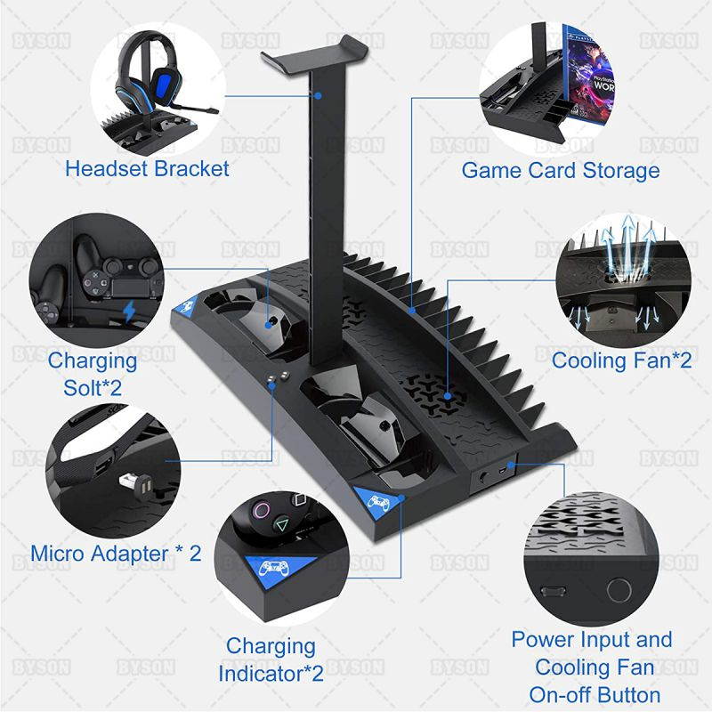 Ackmioxy PS4 Cooling Fan Vertical Cooling Stand Compatible with Ps4 Pro/Ps4 Slim/ Ps4, with 2 Controller Charger Station, 17 Games Storage Slot, 1 Headset Storage Holder