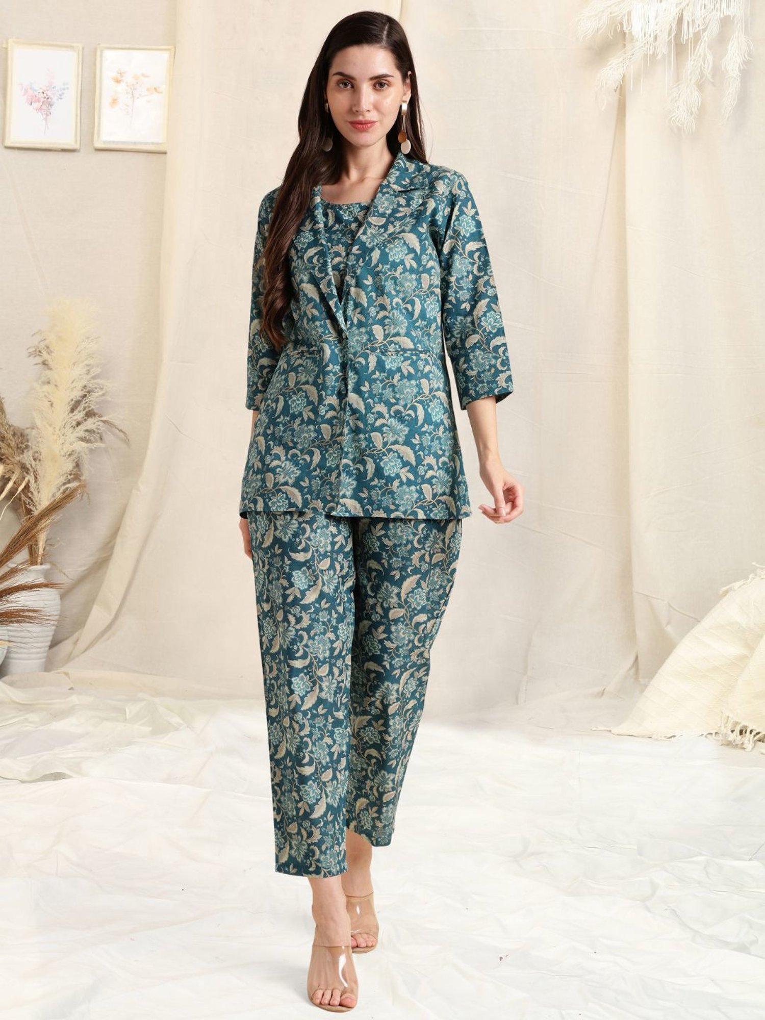 MIRCHI FASHION Teal Blue Cotton Printed Top Pant Set With Jacket