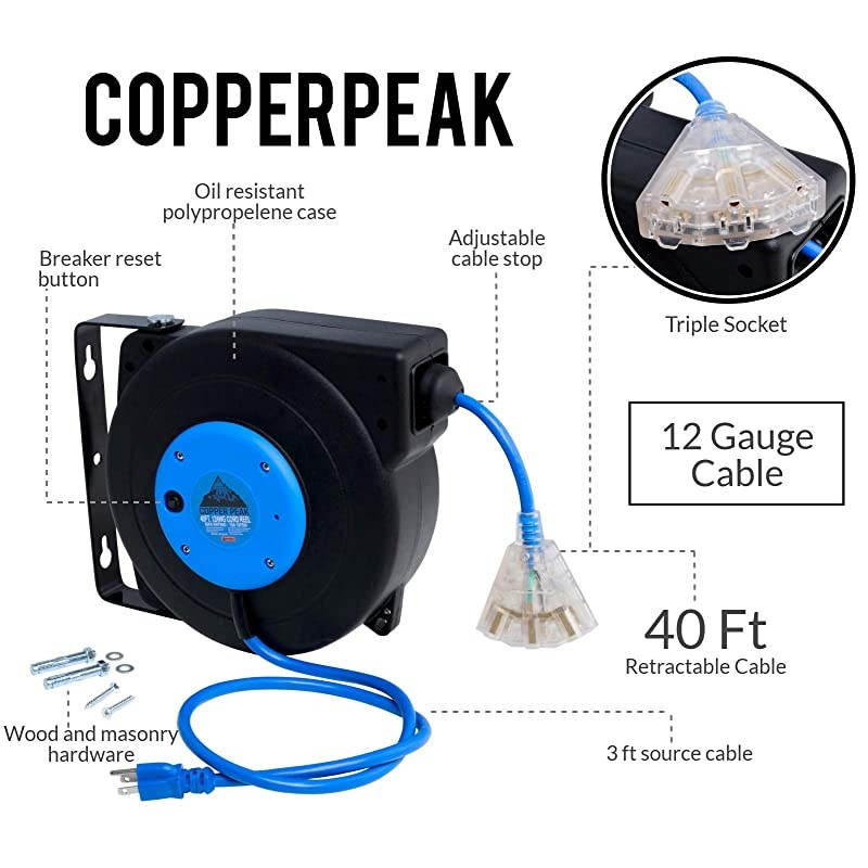 40 Foot Retractable Extension Cord Reel Ceiling or Wall Mount 12 Gauge Blue and Black