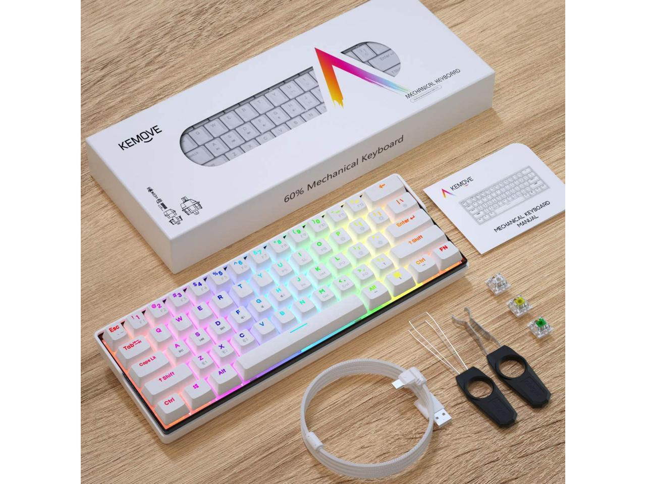 KEMOVE Snowfox Bluetooth 5.1 Wireless/Wired 60% Mechanical Keyboard - RGB Backlit 61 Keys Keyboard - Hot Swappable, PBT Keycap, Full Keys Programmable - White (Gateron Mechanical Switch)