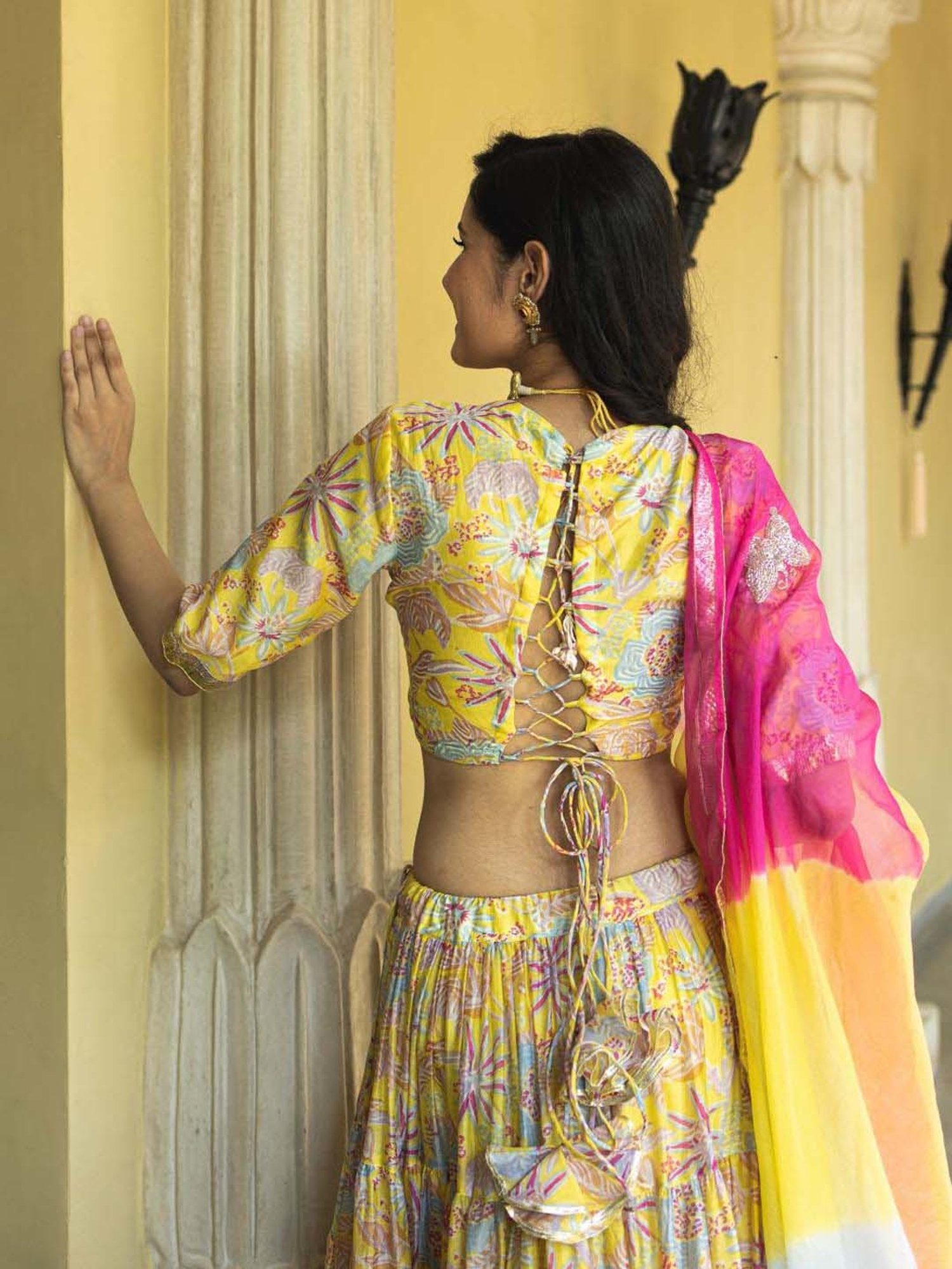 AACHHO Yellow Floral Print Lehenga Choli Set With Dupatta
